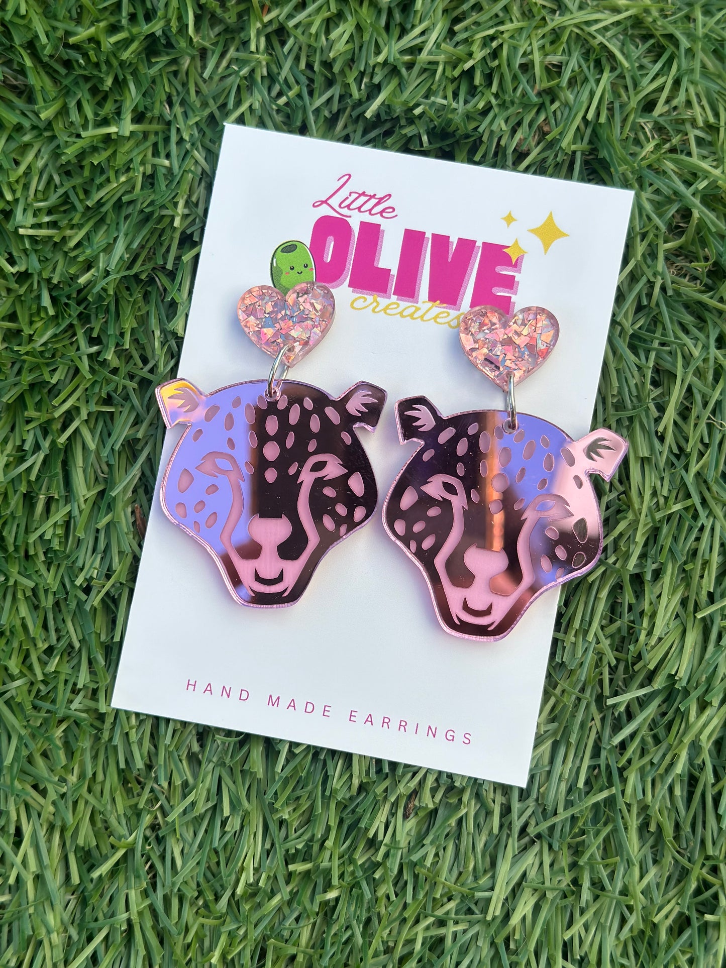 Pink Mirror Cheetah Dangle Earrings | Funky Acrylic Statement Earrings | Lightweight Hypoallergenic Jewelry