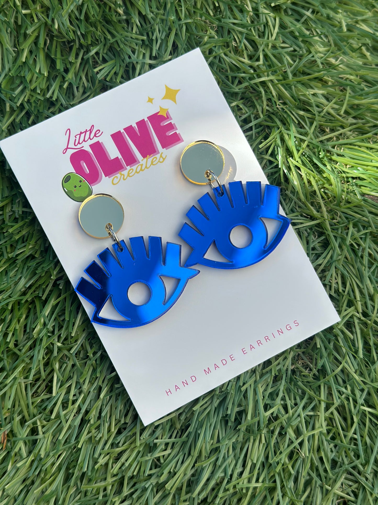 Blue Mirror “Beautiful Eyes” Dangle Earrings – Quirky Handmade Statement Jewelry