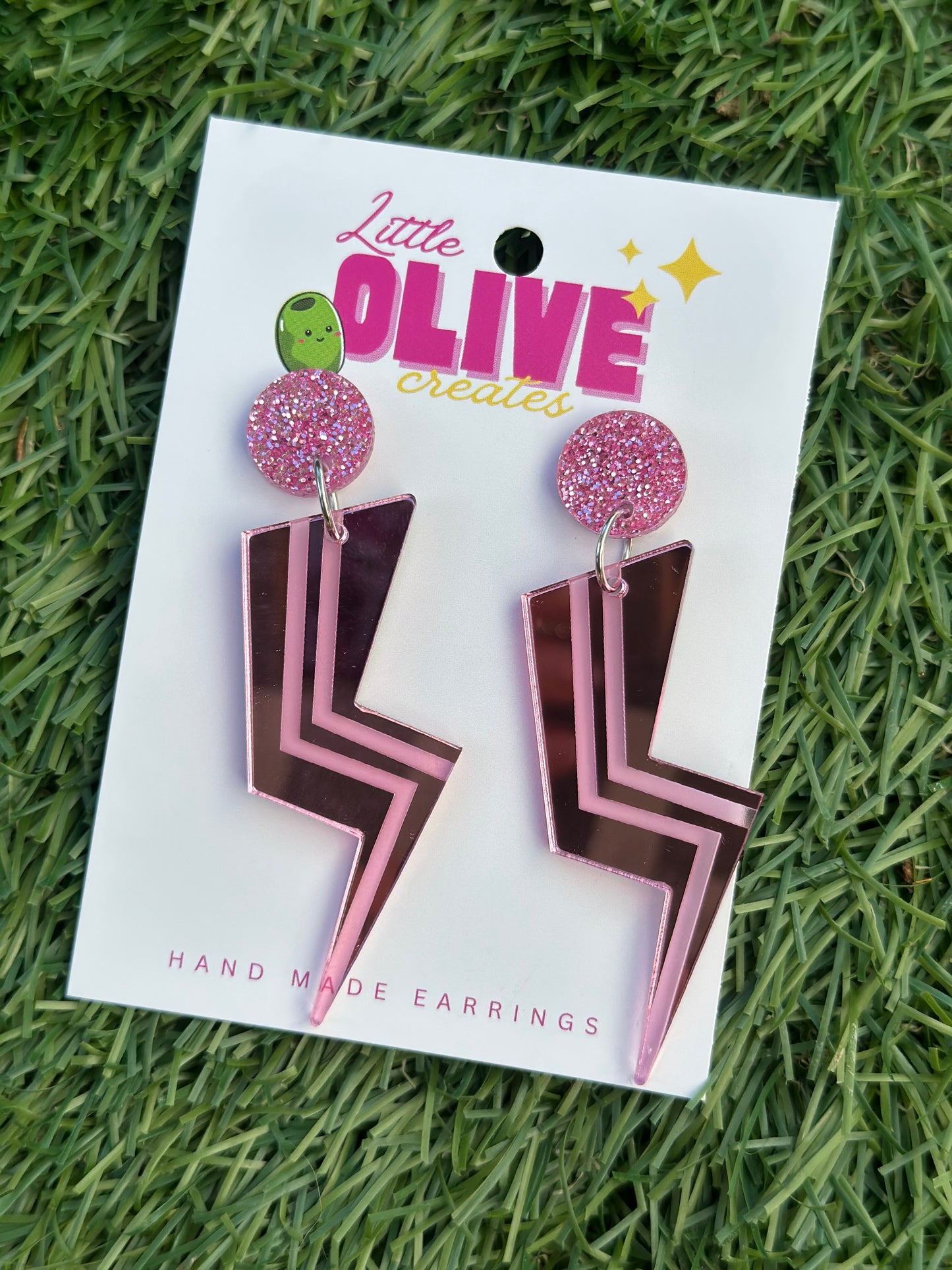 Pink Lightning Bolt Mirror Dangle Earrings β‘π