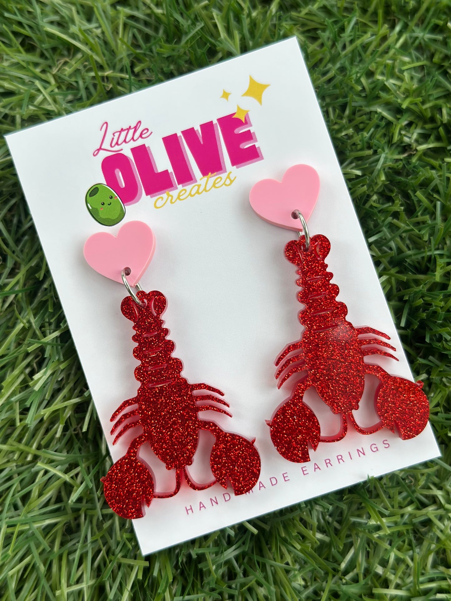 Divine Retro Glam: Sparkly Red & Pink Lobster Dangle Earrings