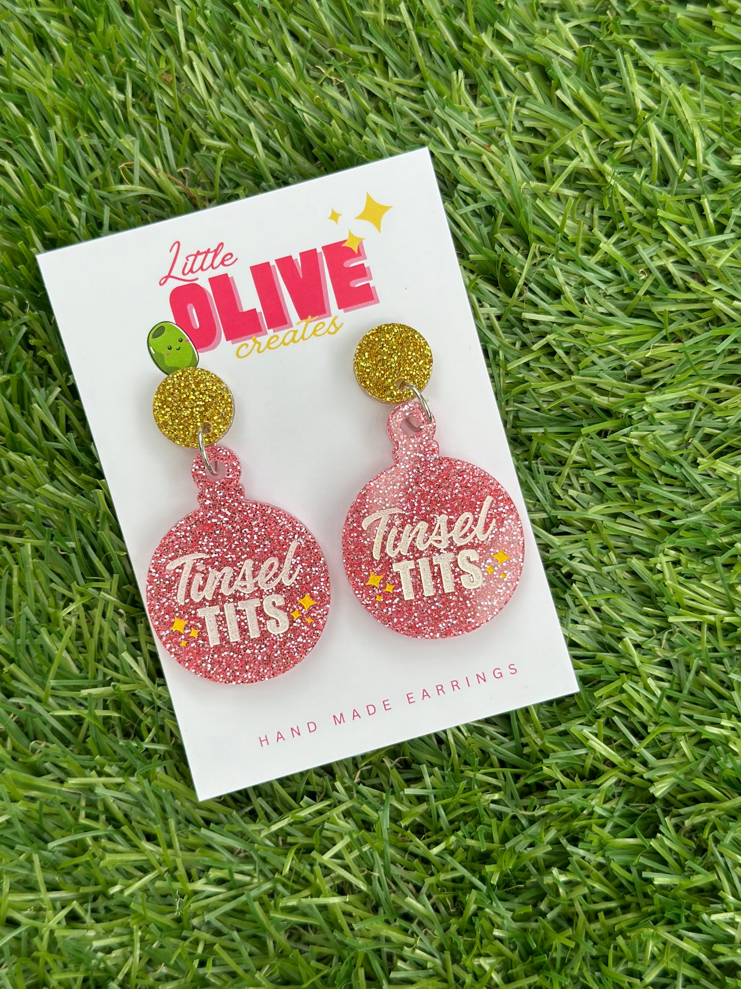 Cheeky "Tinsel Tits" Glitter Bauble Christmas Dangle Earrings 🎄✨