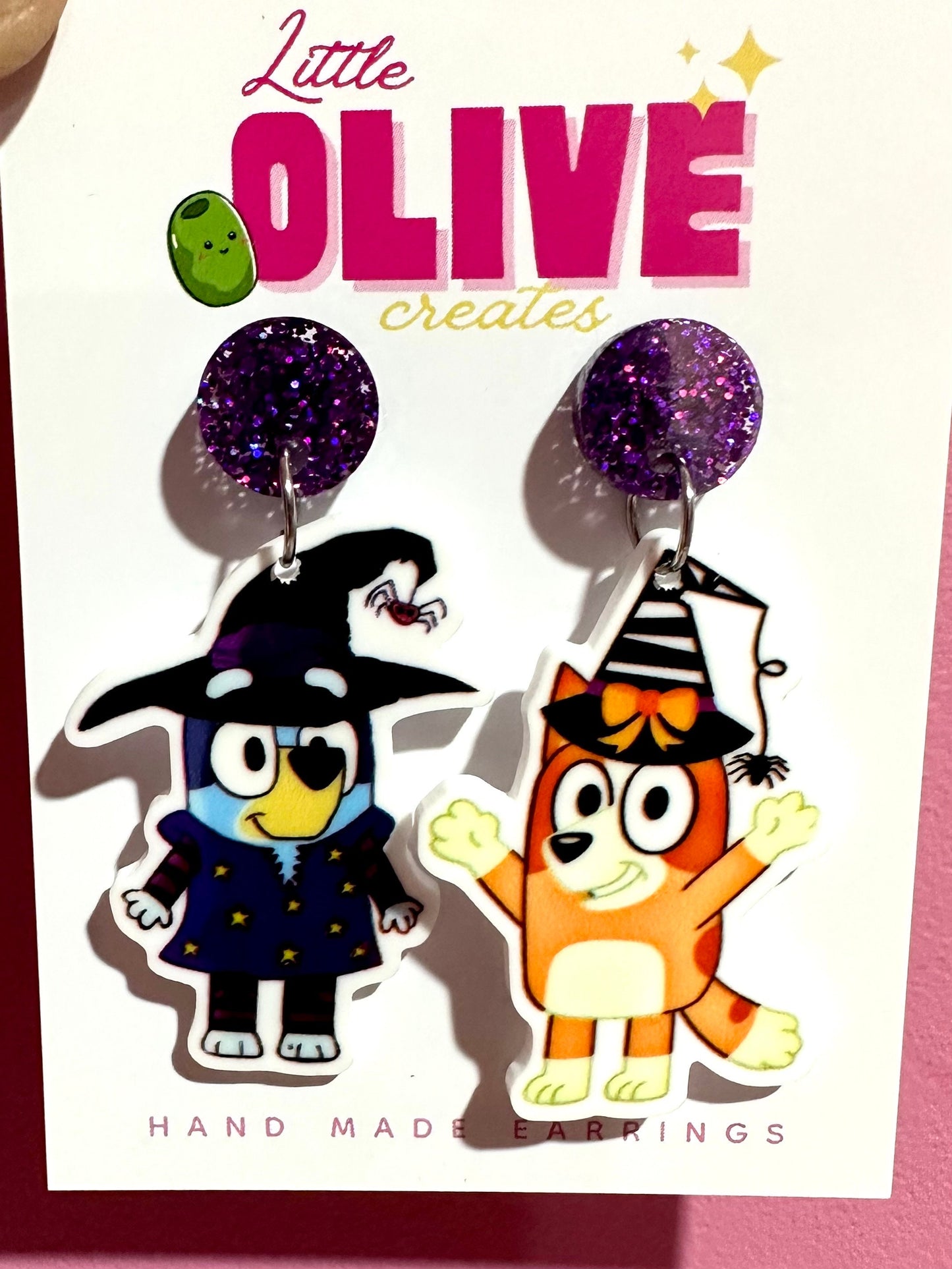 Bluey Halloween Earrings - Vampire Bluey and Witchy Bluey and Bingo