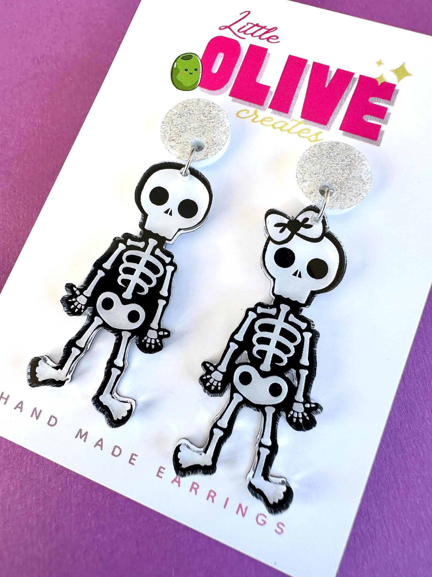Spooky Boy and Girl Skeleton Dangle Earrings - Halloween Charm!