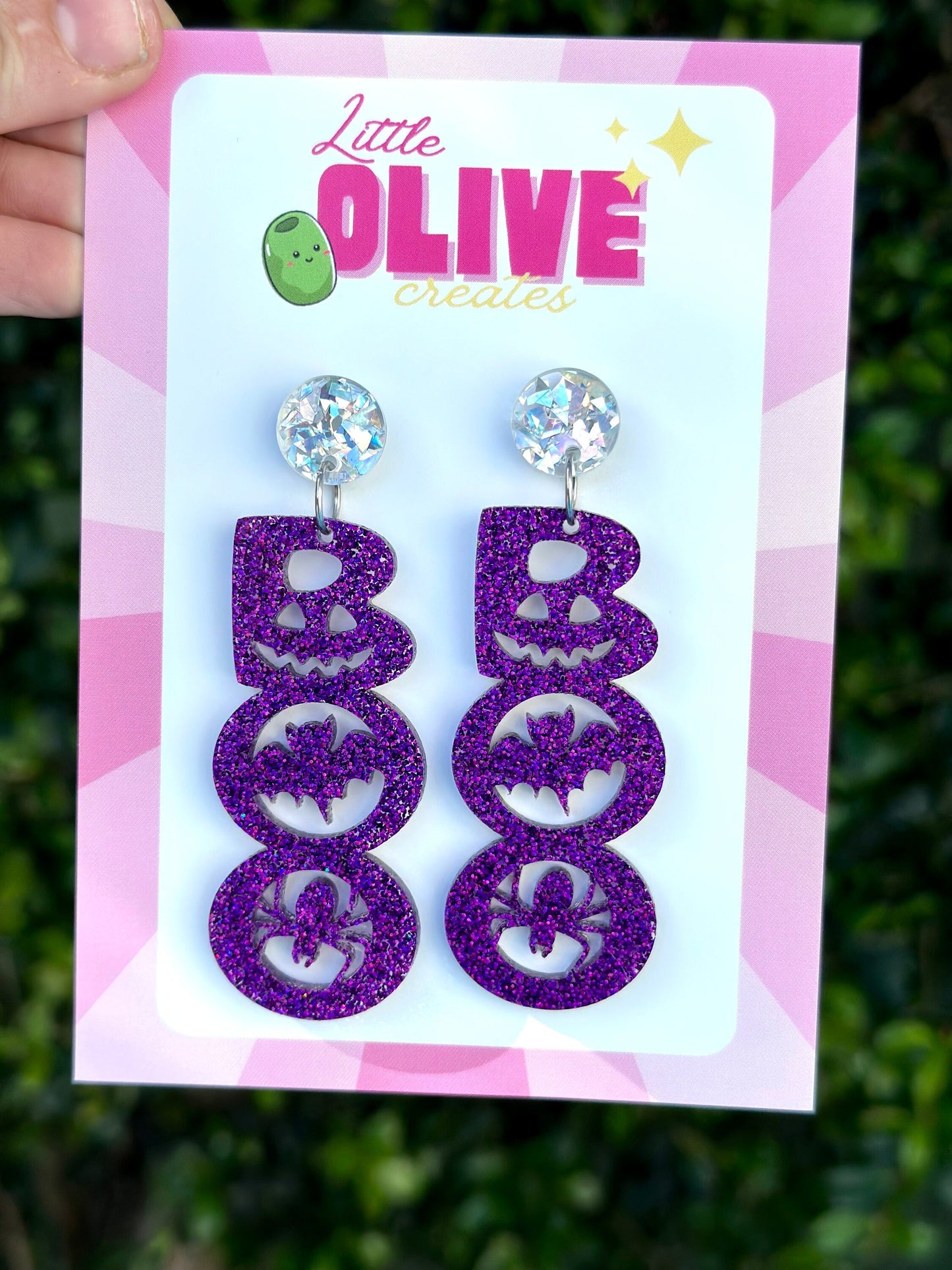 Purple Glitter 'BOO' Halloween Dangle Earrings - Spooky Glamour in Purple