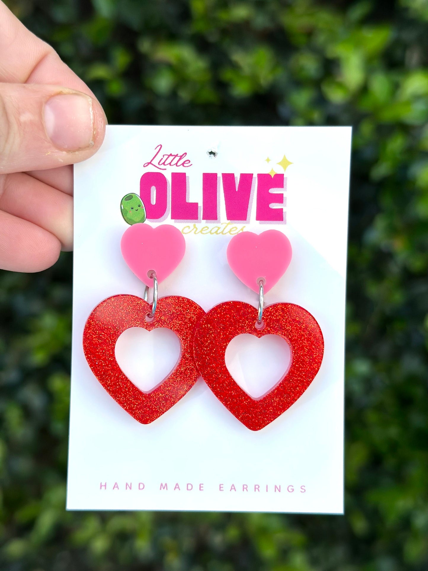 Two-Tone Dangle Heart Earrings - Barbie Inspired - Red Glitter and Neon Pink