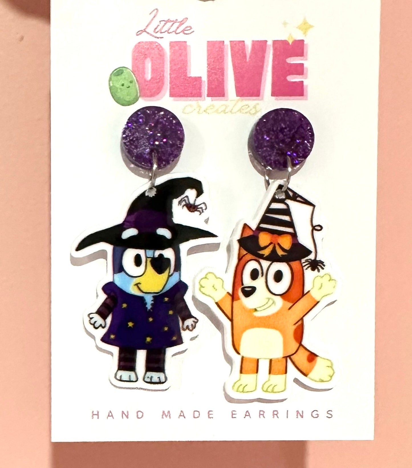 Bluey Halloween Earrings - Vampire Bluey and Witchy Bluey and Bingo
