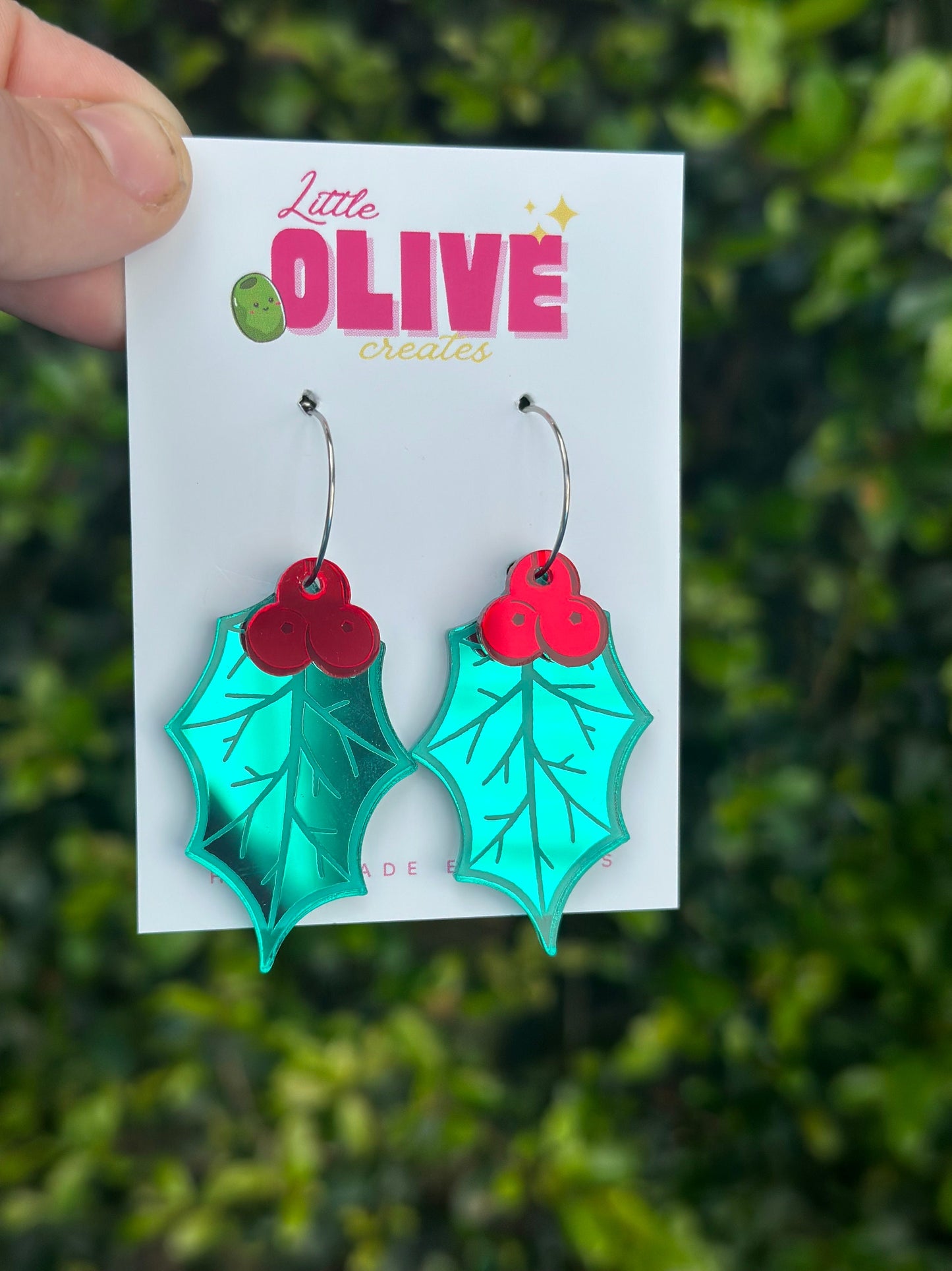 Gorgeous Double Layer Etched Mirror Christmas Holly Hoop Dangle Earrings - Festive Radiance
