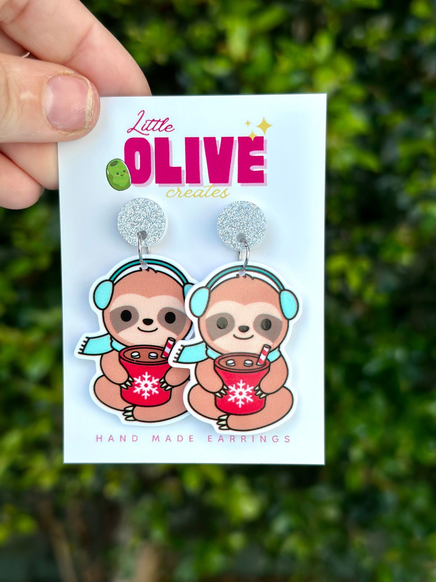 Super Adorable Winter Sloth Christmas Earrings - Cozy Sloth Sips Hot Cocoa