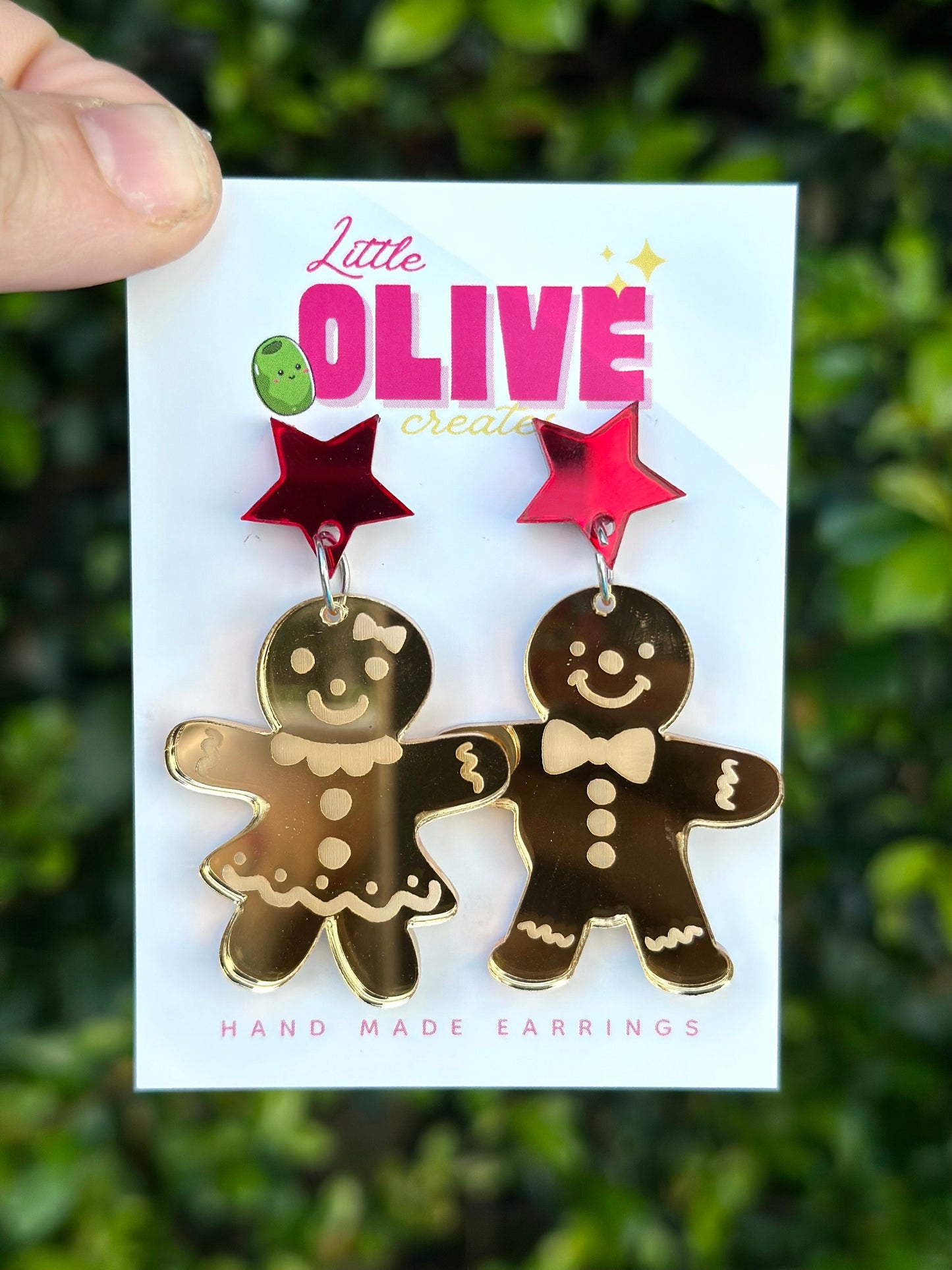 Gorgeous Gold Mirror Mr. and Mrs. Gingerbread Christmas Cookies Earrings - Sweet Holiday Duo