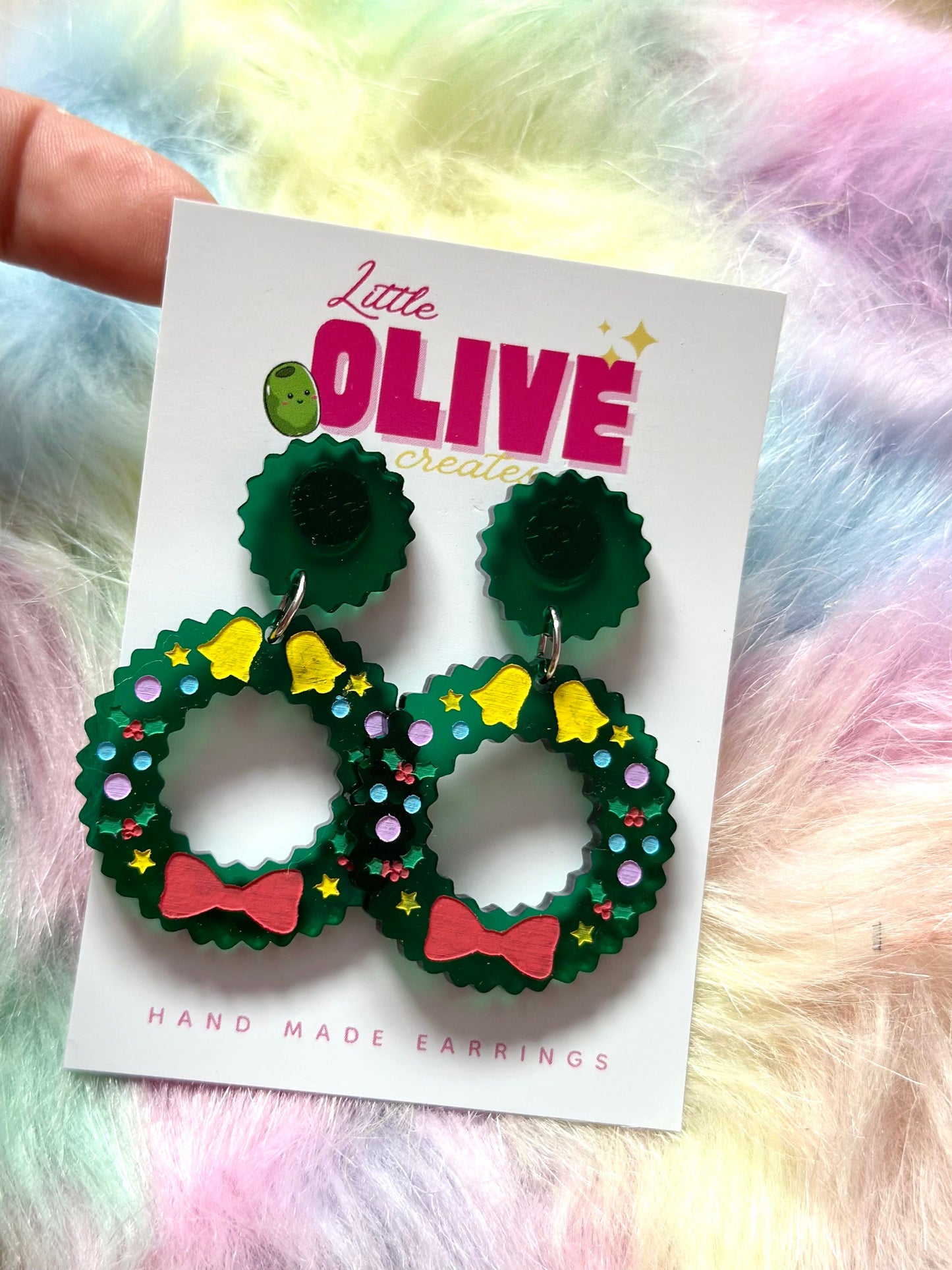 Beautiful Hand Painted Christmas Wreath Earrings - Festive Holiday Elegance