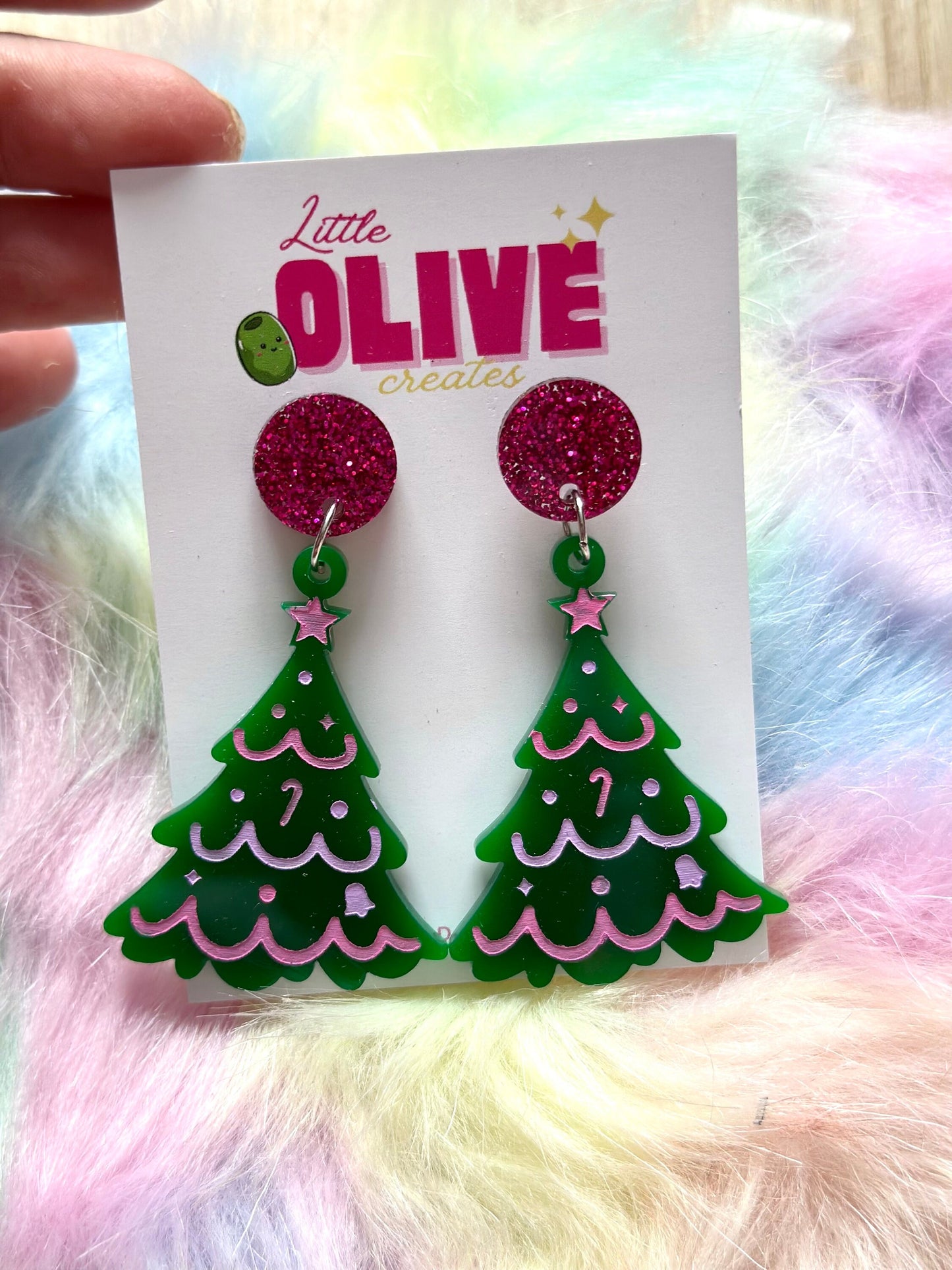 Pink Christmas Hand Painted Christmas Tree Earrings - Festive Holiday Charm