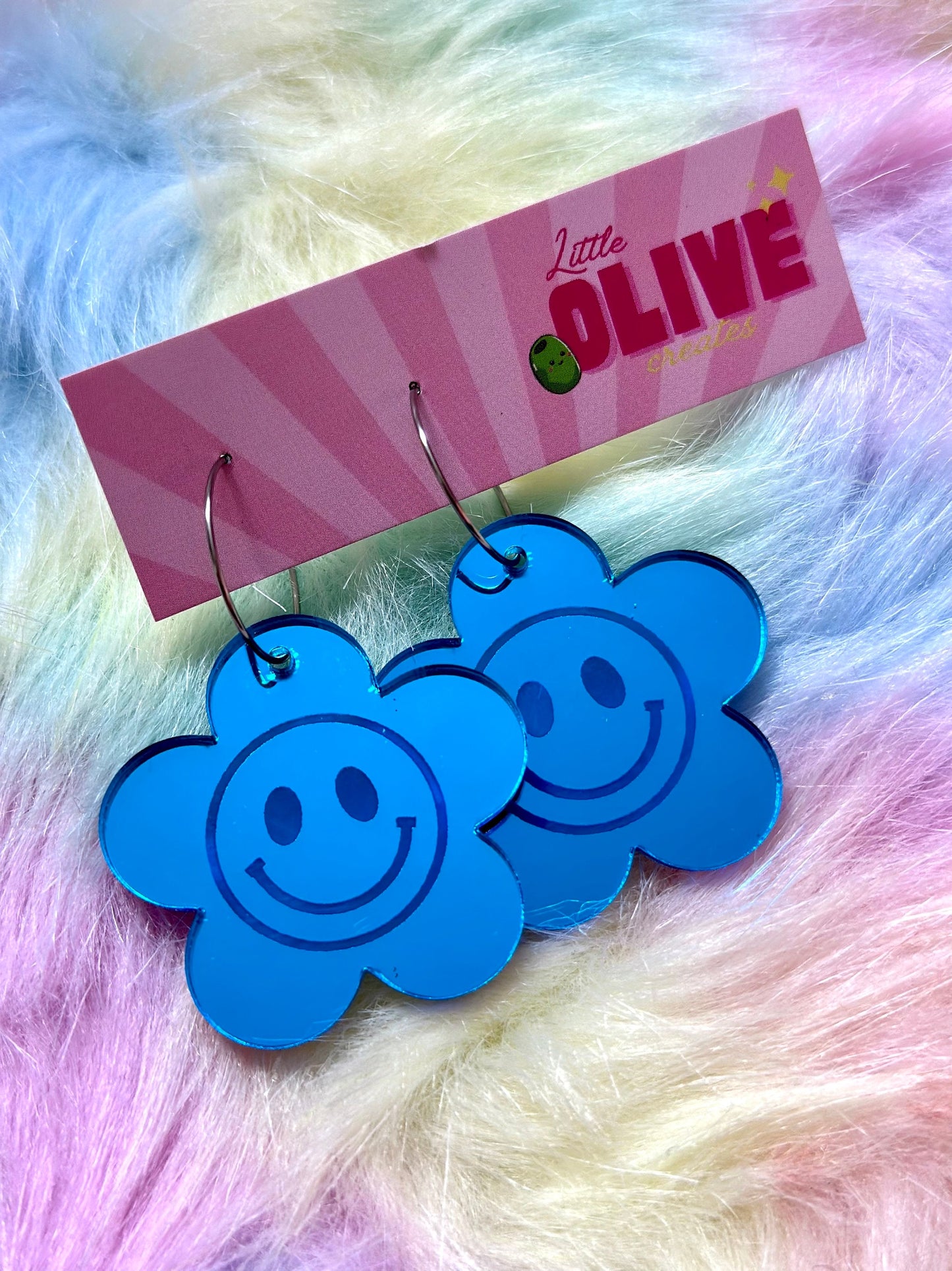 Blue Mirror Smiley Face Retro Hoop Earrings - Nostalgic Cheer in Stainless Steel Hoops