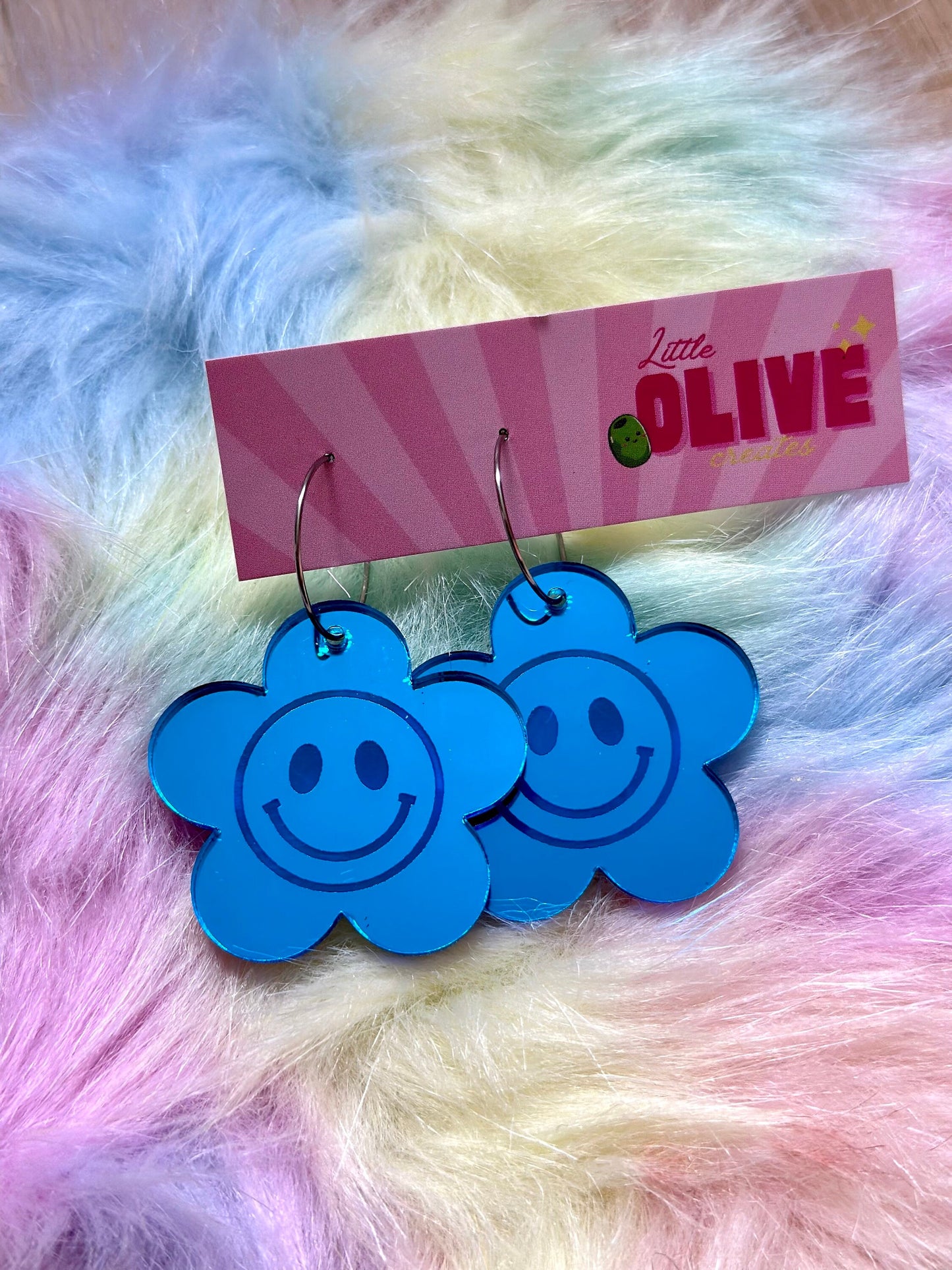 Blue Mirror Smiley Face Retro Hoop Earrings - Nostalgic Cheer in Stainless Steel Hoops