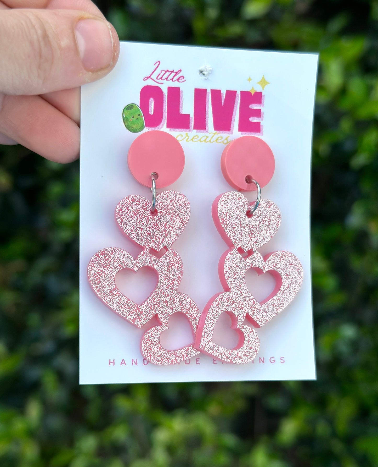 Barbie Inspired Glitter Trio Heart Dangle Earrings - Glamorous Sparkle