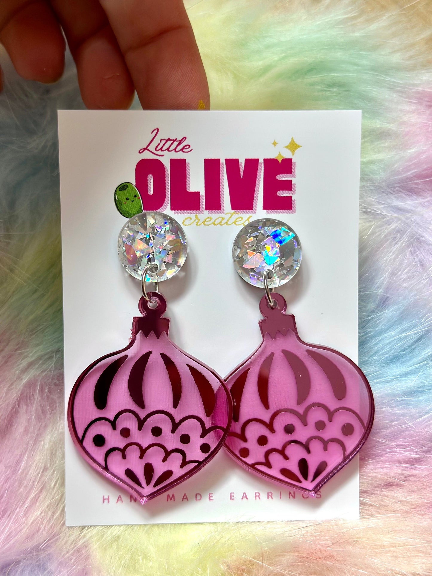 Beautiful Christmas Bauble Earrings - Festive Elegance in Blue and Pink Etched Mirror!
