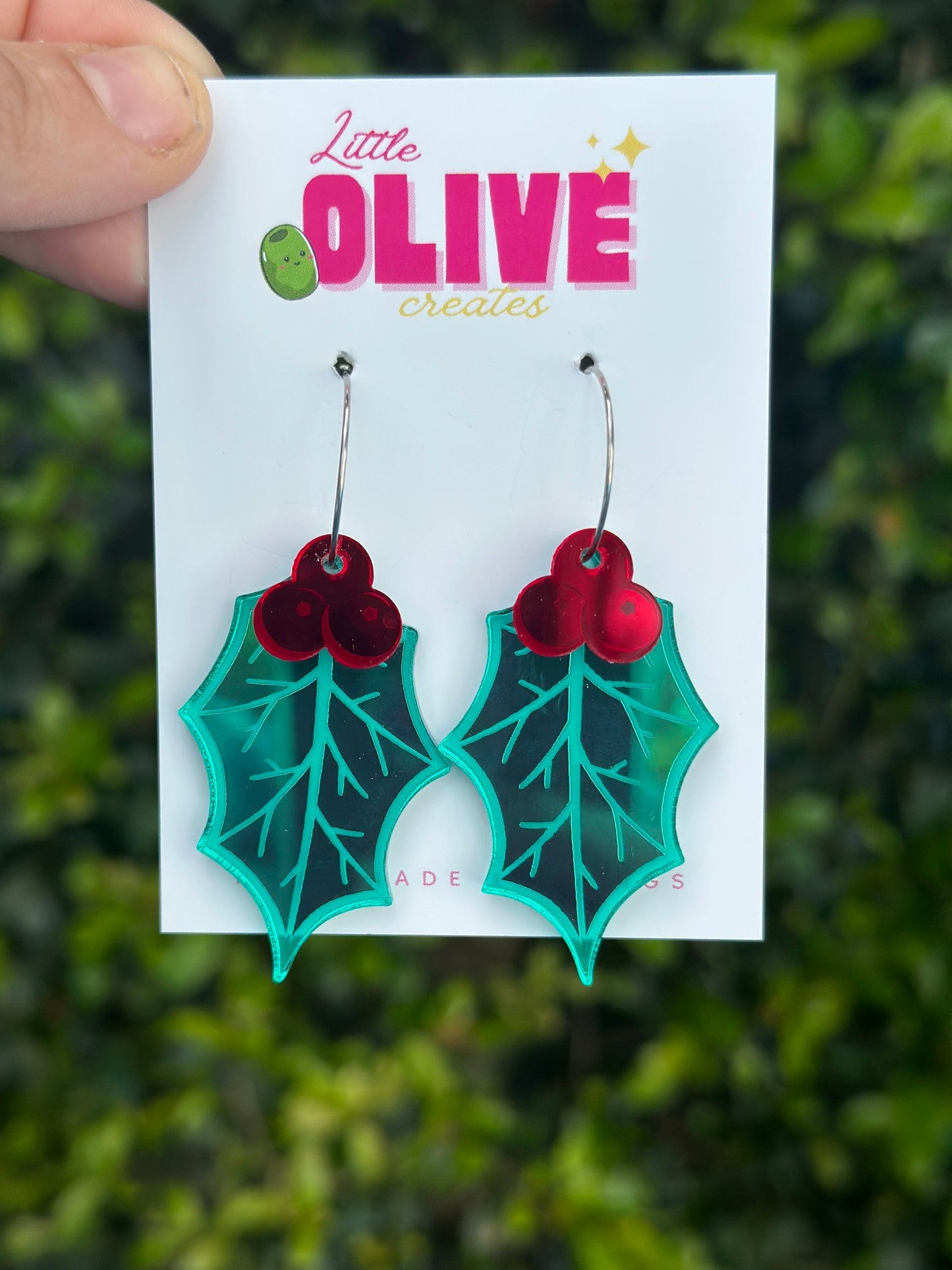 Gorgeous Double Layer Etched Mirror Christmas Holly Hoop Dangle Earrings - Festive Radiance