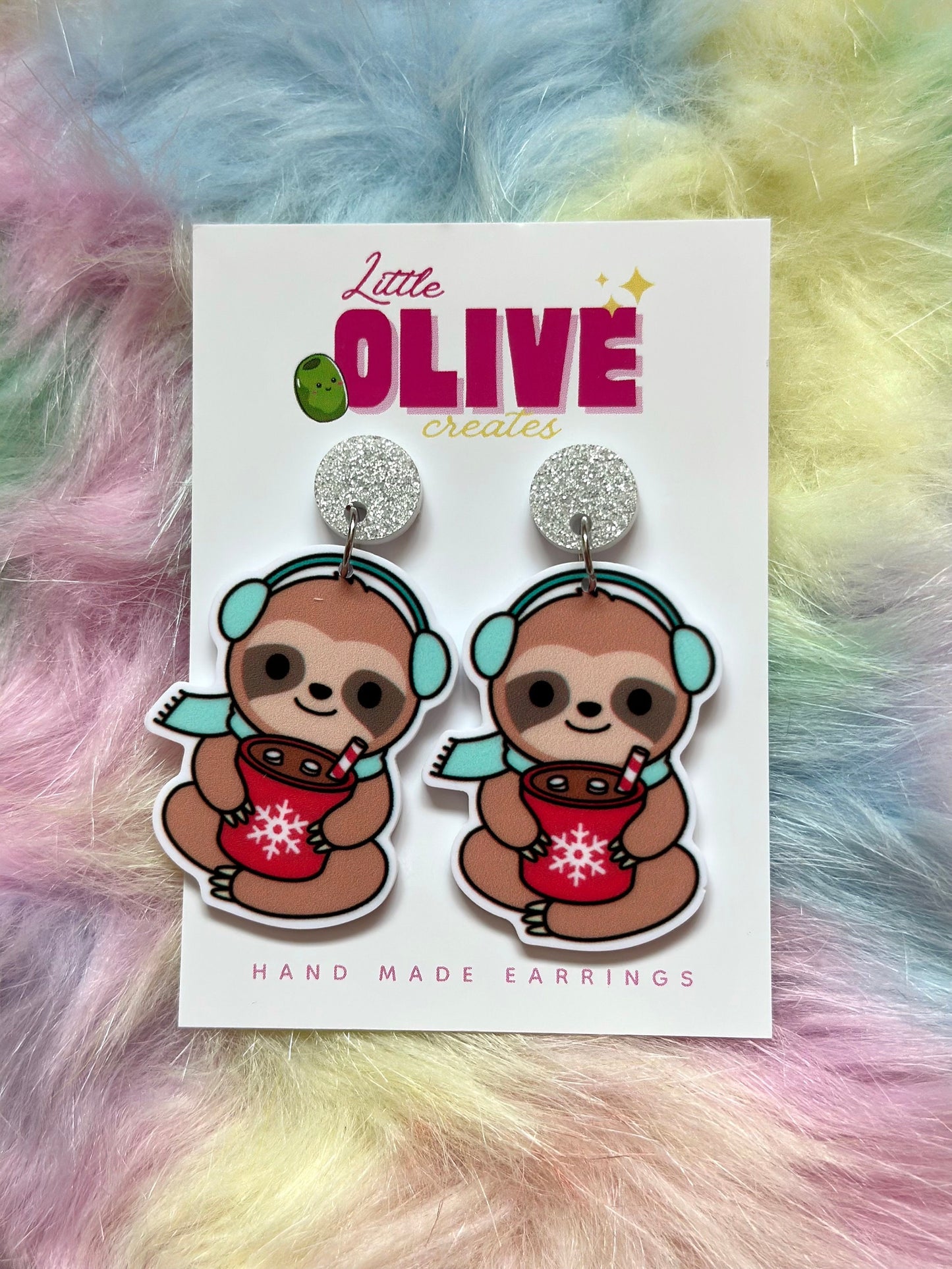 Super Adorable Winter Sloth Christmas Earrings - Cozy Sloth Sips Hot Cocoa