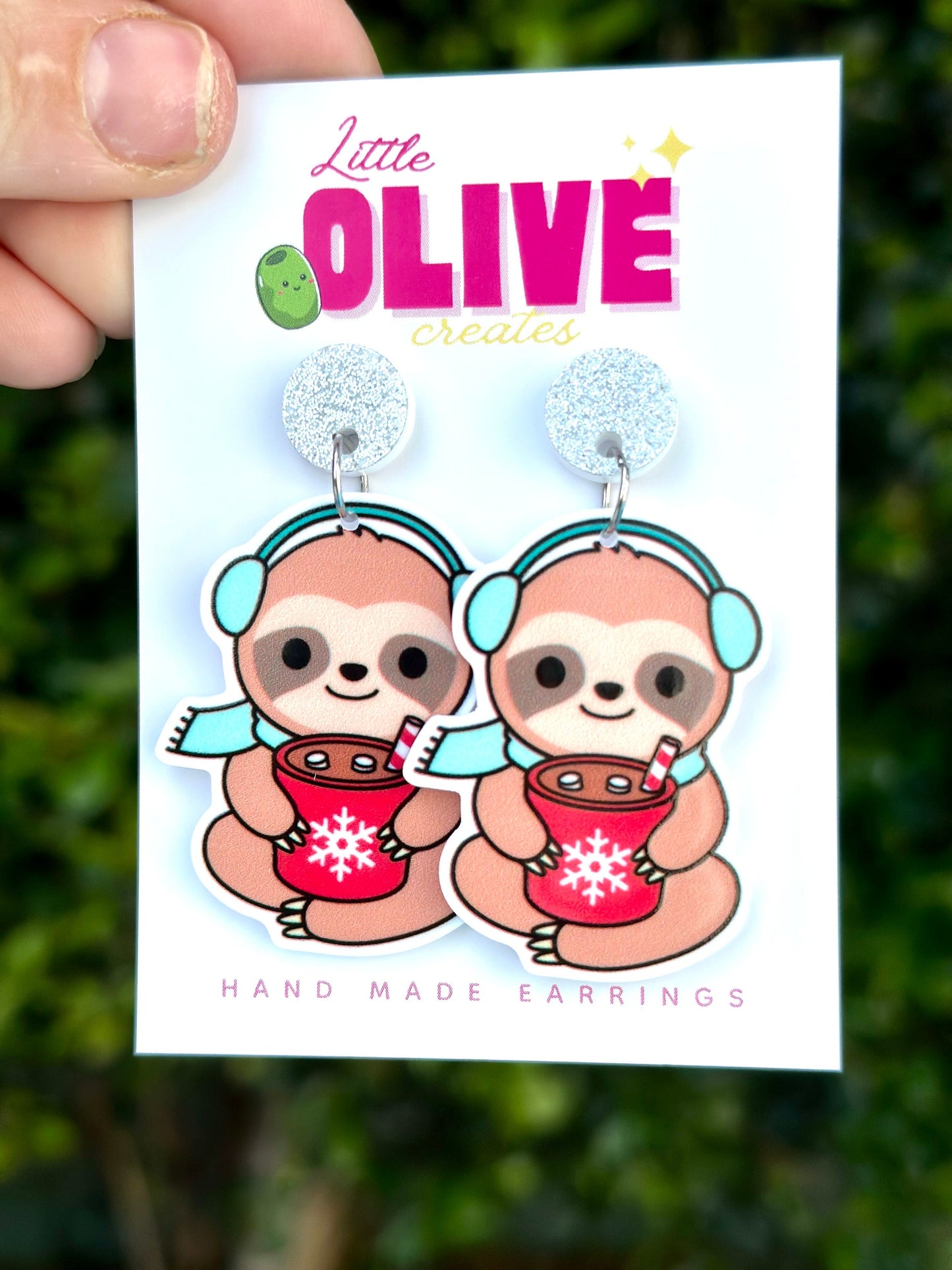 Super Adorable Winter Sloth Christmas Earrings - Cozy Sloth Sips Hot Cocoa