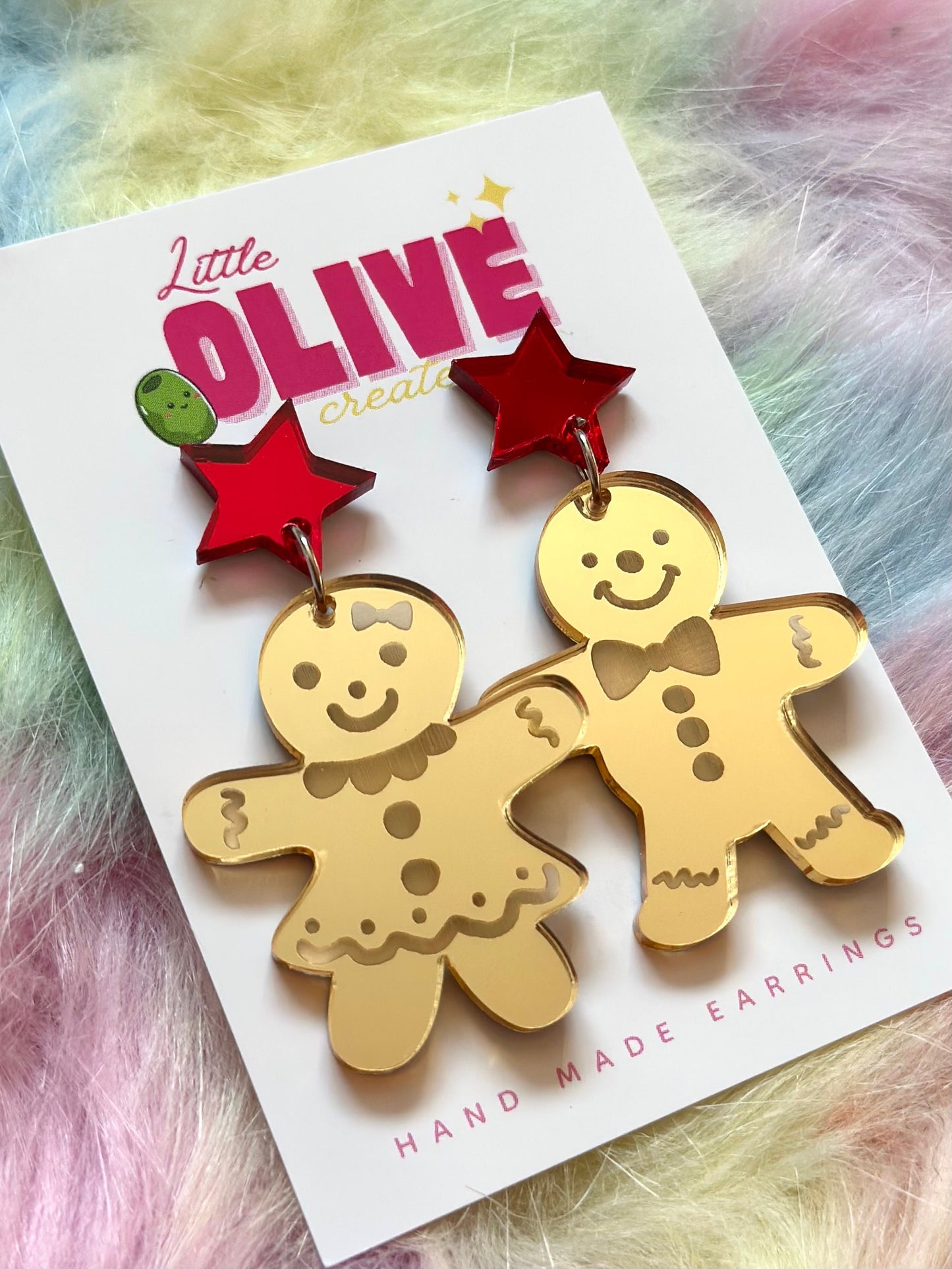 Gorgeous Gold Mirror Mr. and Mrs. Gingerbread Christmas Cookies Earrings - Sweet Holiday Duo