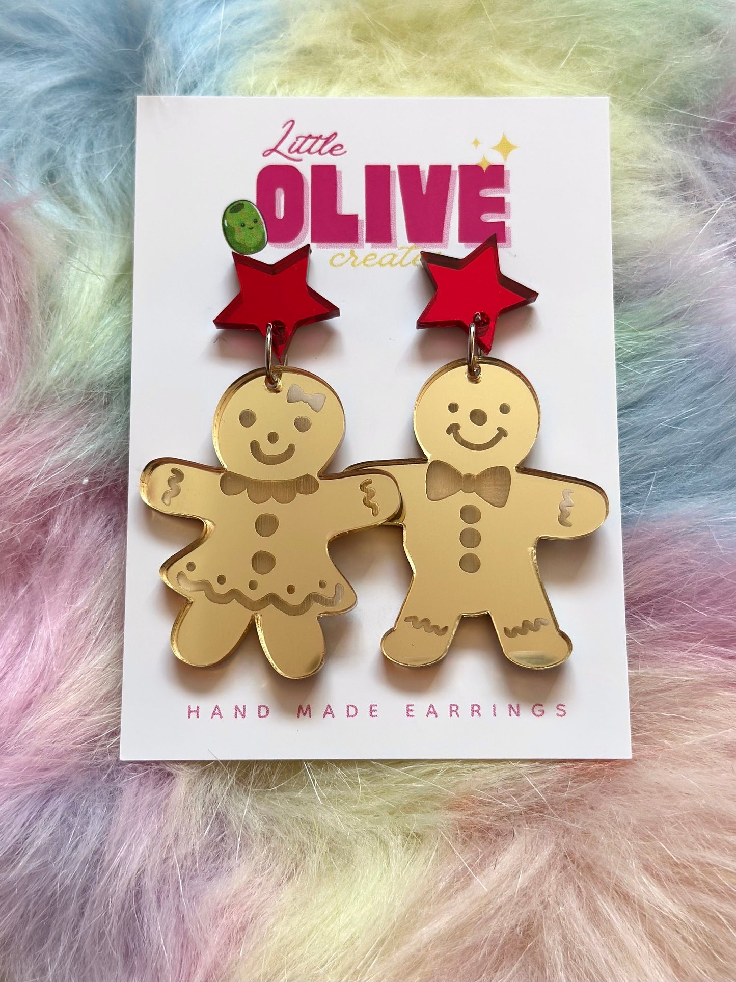 Gorgeous Gold Mirror Mr. and Mrs. Gingerbread Christmas Cookies Earrings - Sweet Holiday Duo
