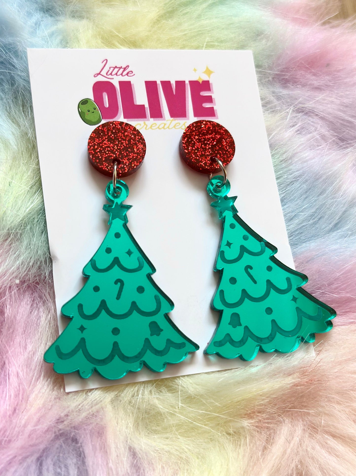 Green Mirror Christmas Tree Dangle Earrings - Festive Sparkle and Elegance