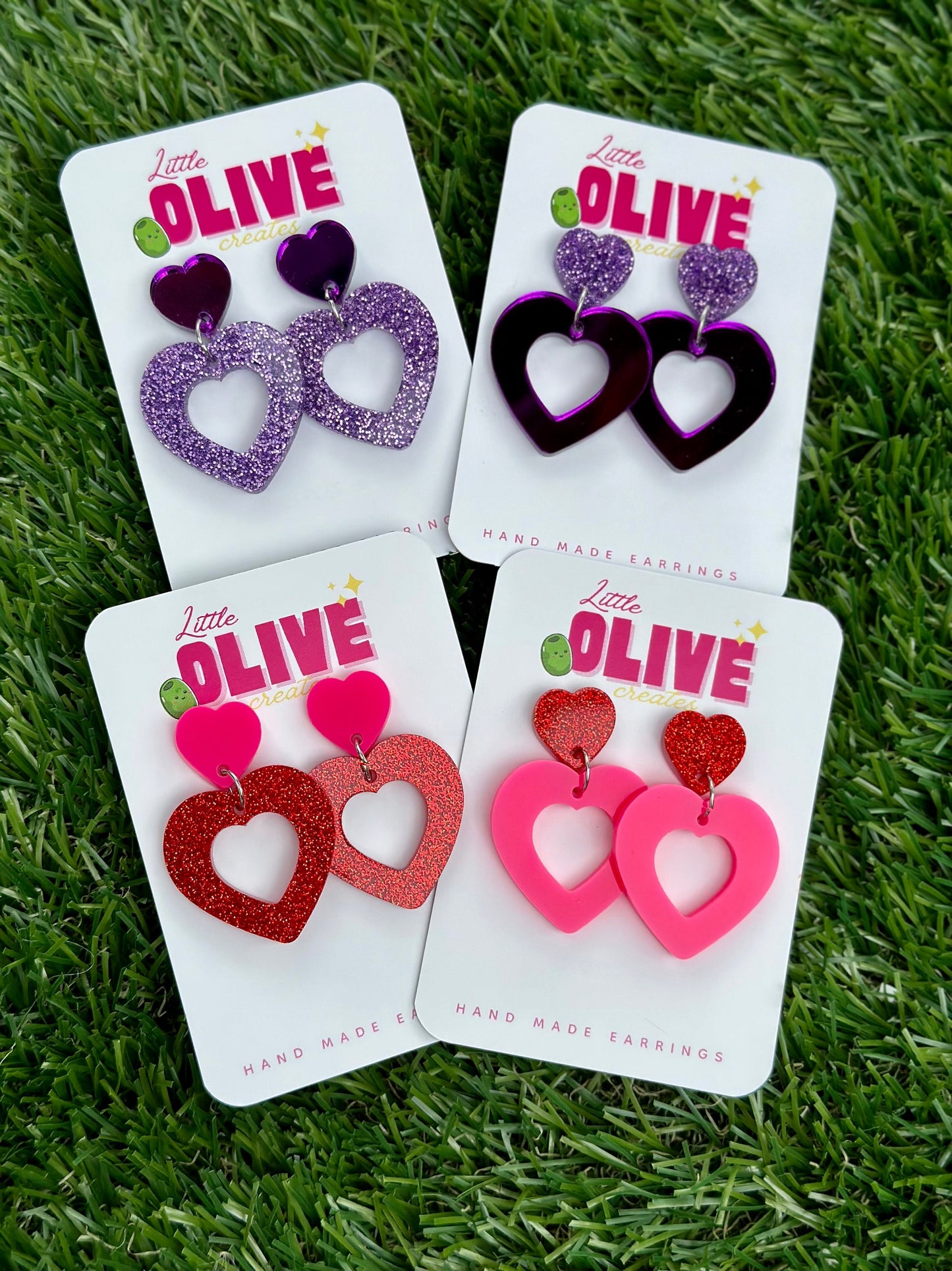 Two-Tone Dangle Heart Earrings - Barbie Inspired - Red Glitter and Neon Pink