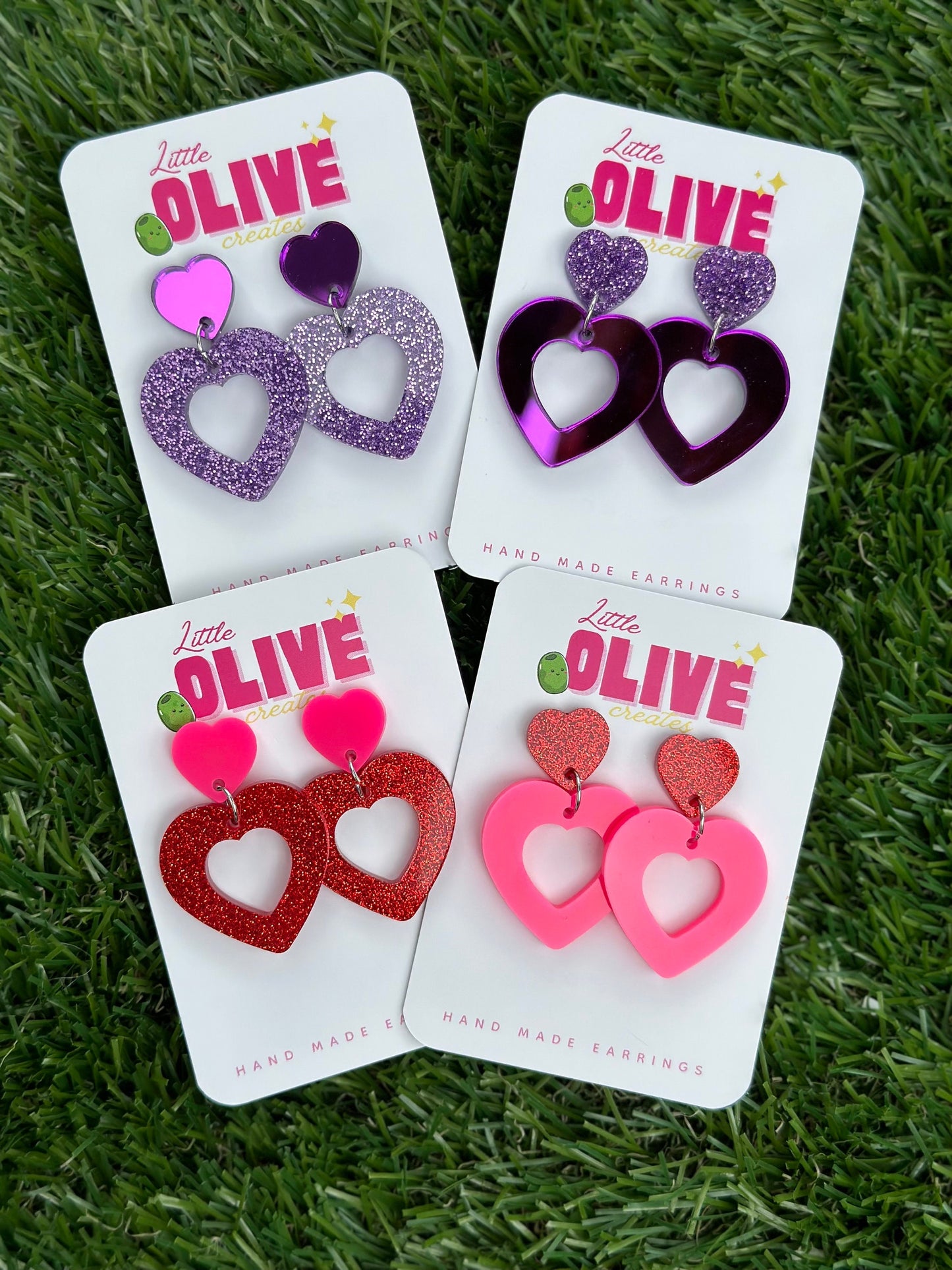 Two-Tone Dangle Heart Earrings - Barbie Inspired - Red Glitter and Neon Pink