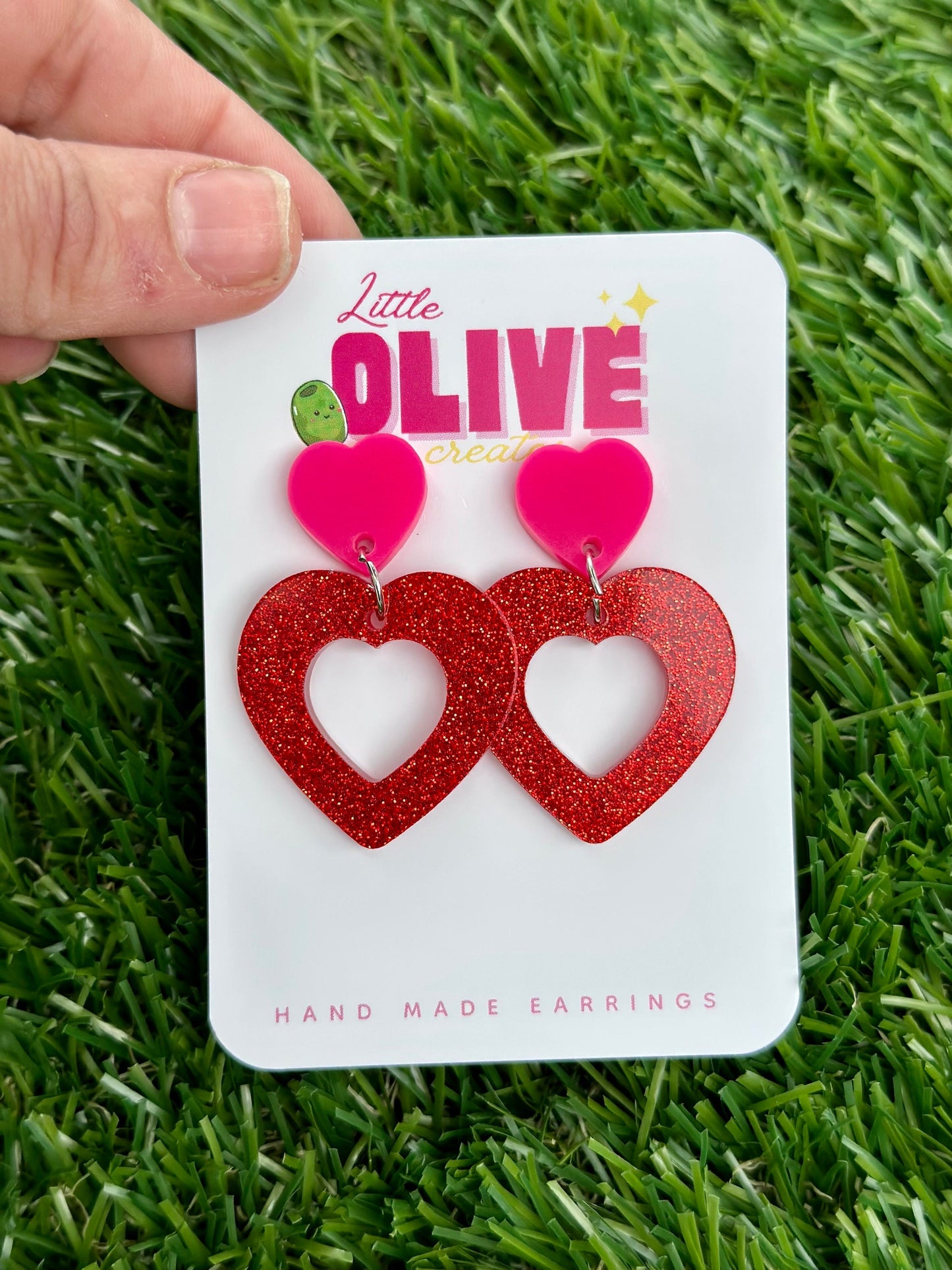 Two-Tone Dangle Heart Earrings - Barbie Inspired - Red Glitter and Neon Pink