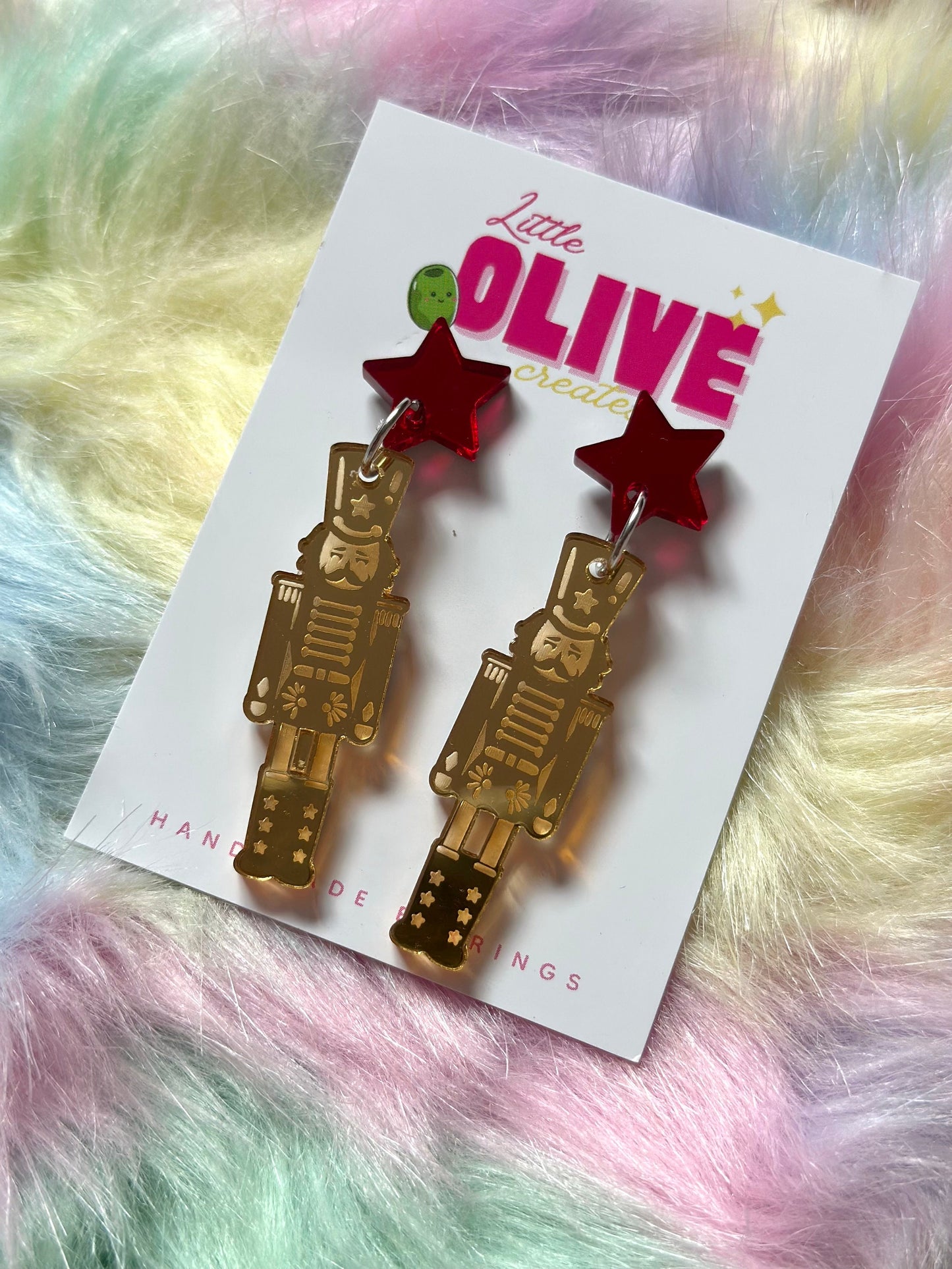 Dainty Gold Mirror Christmas Nutcracker Dangle Earrings - Festive Holiday Elegance