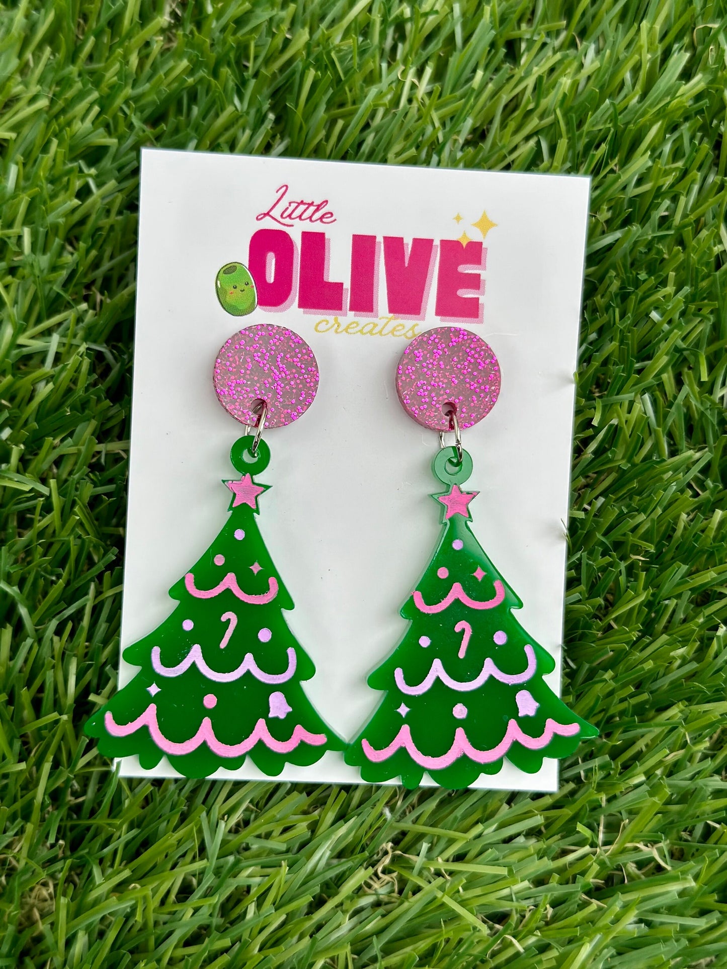 Pink Christmas Hand Painted Christmas Tree Earrings - Festive Holiday Charm