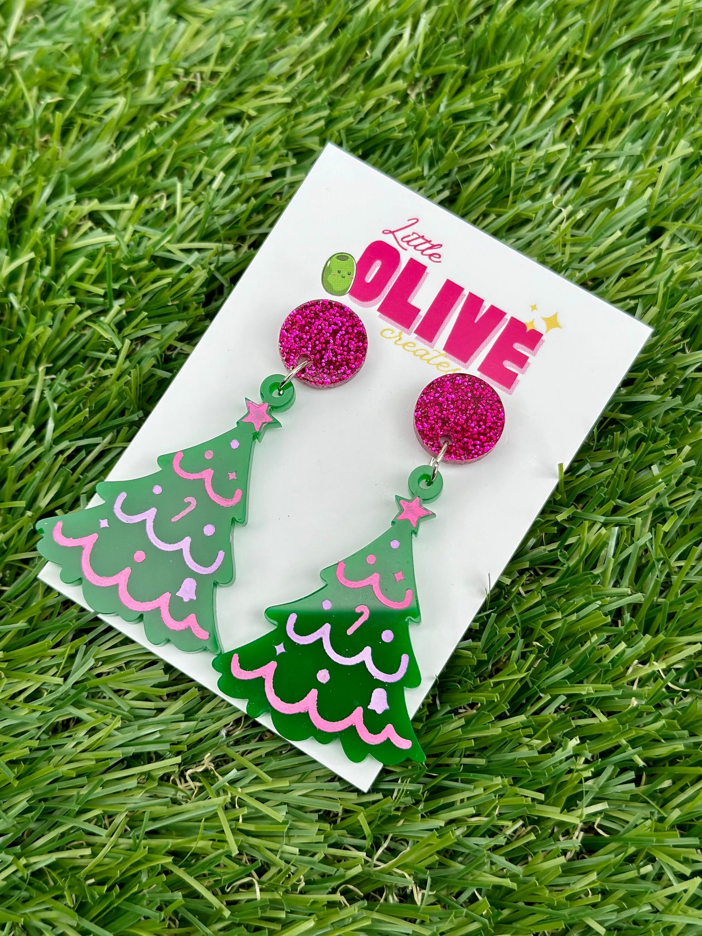 Pink Christmas Hand Painted Christmas Tree Earrings - Festive Holiday Charm