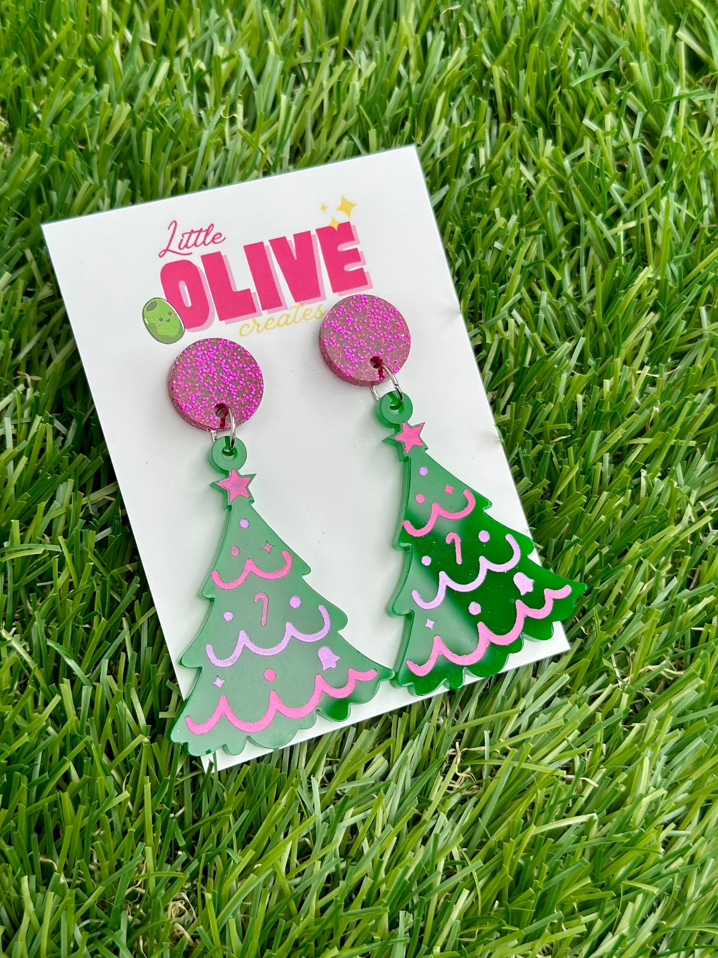 Pink Christmas Hand Painted Christmas Tree Earrings - Festive Holiday Charm