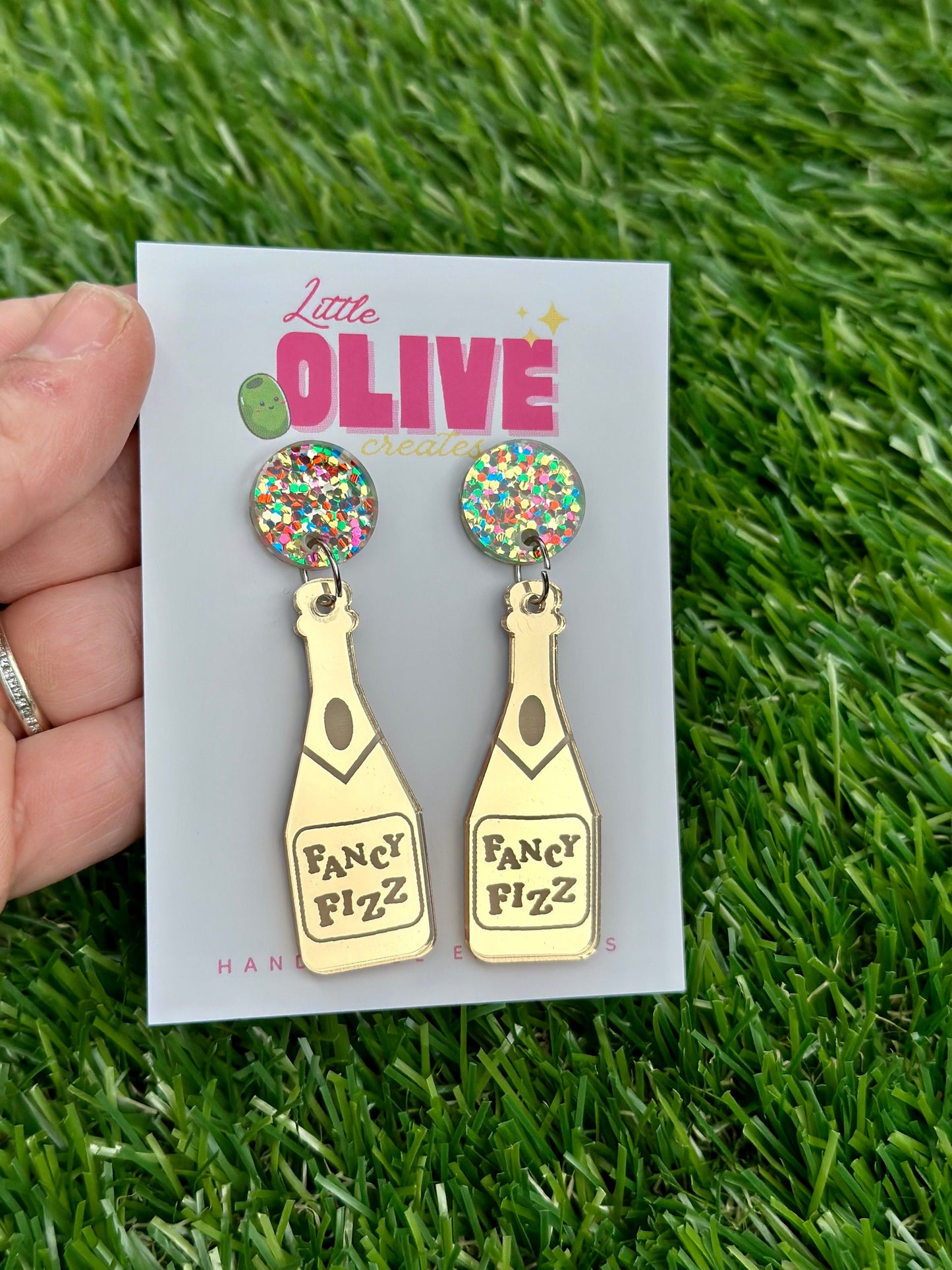 Fancy Fizz' Gold Mirror Champagne Bottle Earrings - New Year's Sparkle