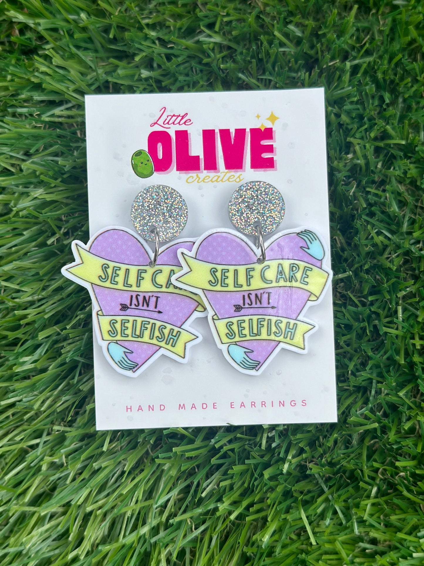 Empowering Affirmation Dangle Earrings - 'Self Care Isn't Selfish' Message, Hypoallergenic Posts