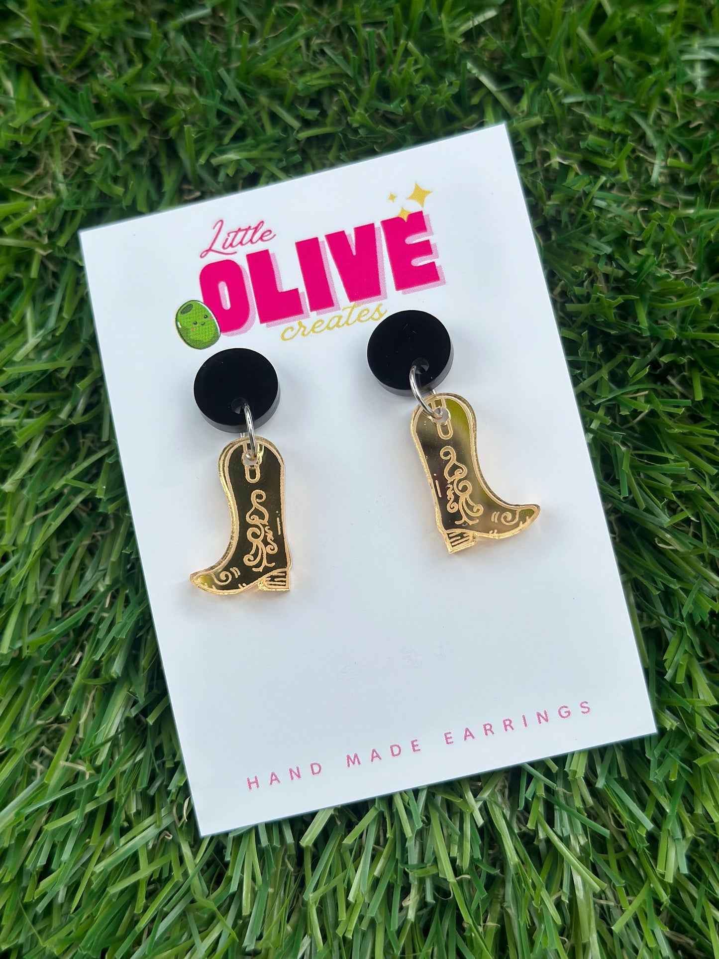 Yee-haw!!! Gold Mirror Cowboy Boots Dangle Earrings - Western Glamour