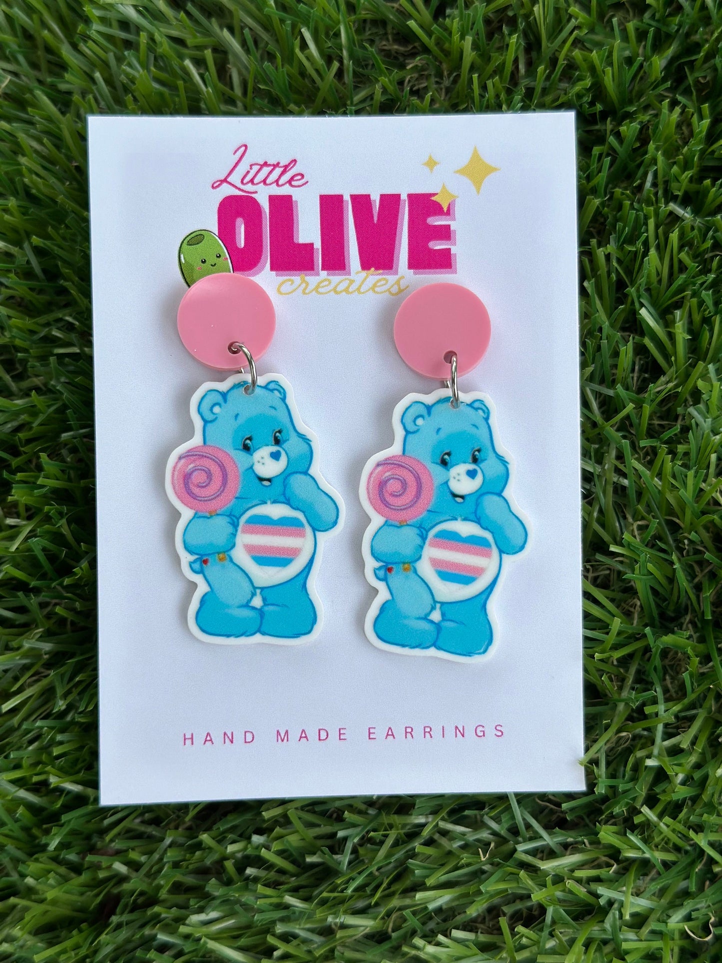 Embrace Pride: Trans Care Bear Dangle Earrings