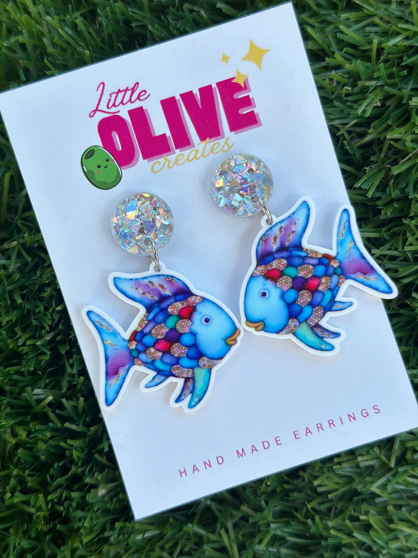 Sparkling 'The Rainbow Fish' Book Week Teacher Earrings with Enchanting Charm