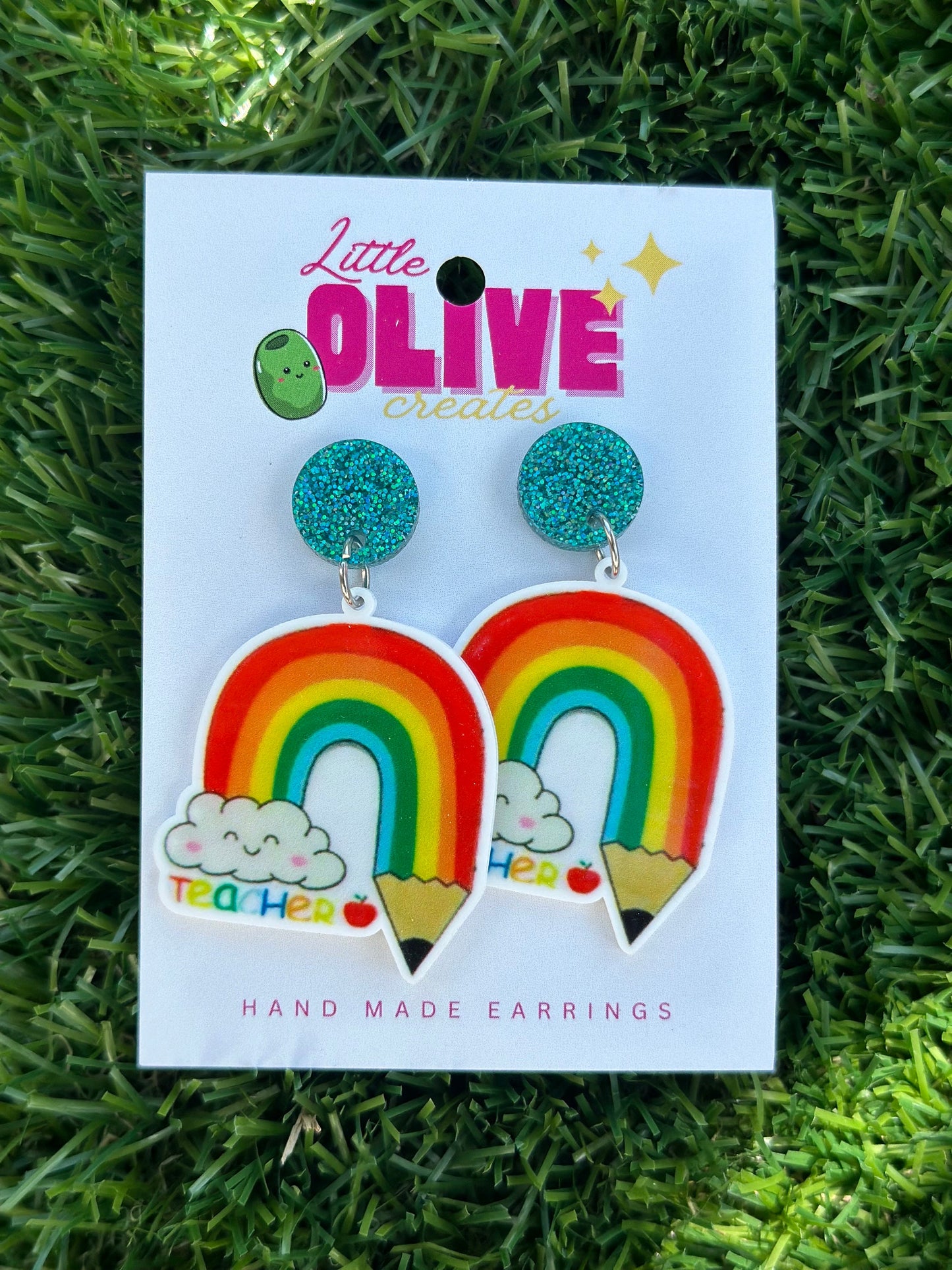 Whimsical Rainbow Pencil Teacher Earrings for Book Week Fun!