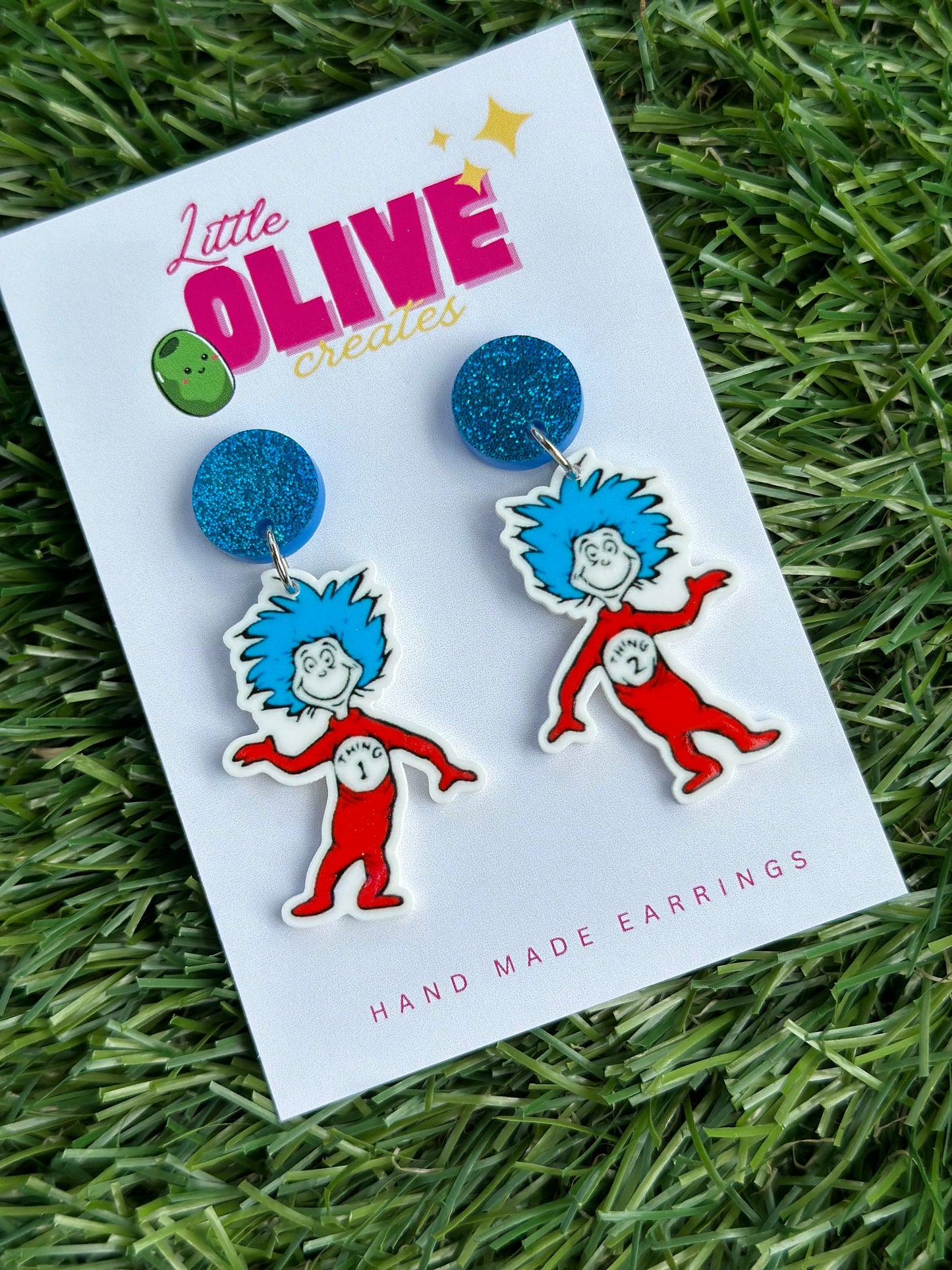 Whimsical Dr. Seuss Thing 1 and Thing 2 Dangle Earrings