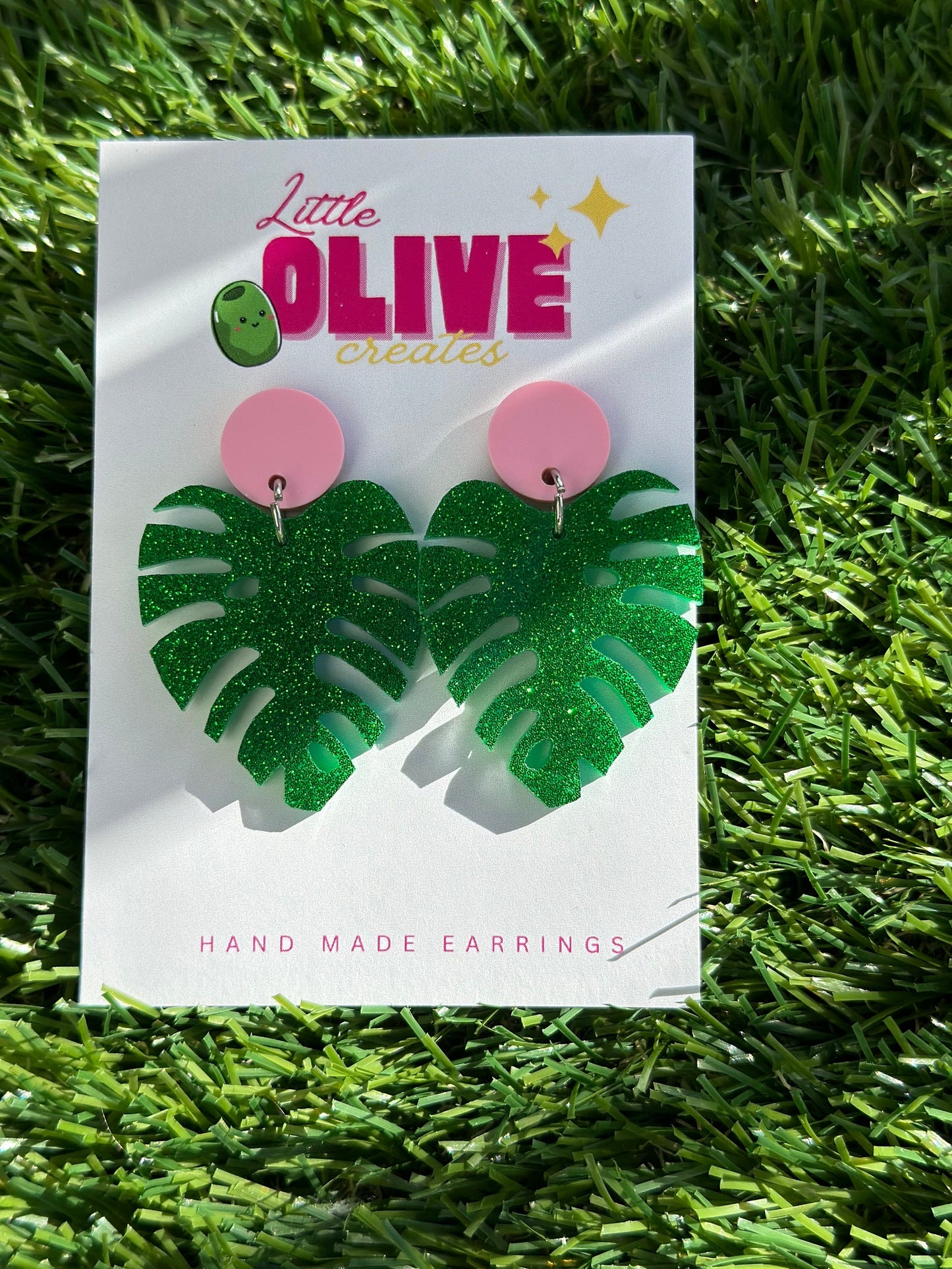 Dazzling Green Glitter Monstera Leaf Earrings - Tropical Statement Jewellery!