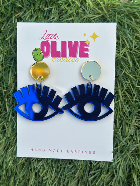 Blue Mirror “Beautiful Eyes” Dangle Earrings – Quirky Handmade Statement Jewelry