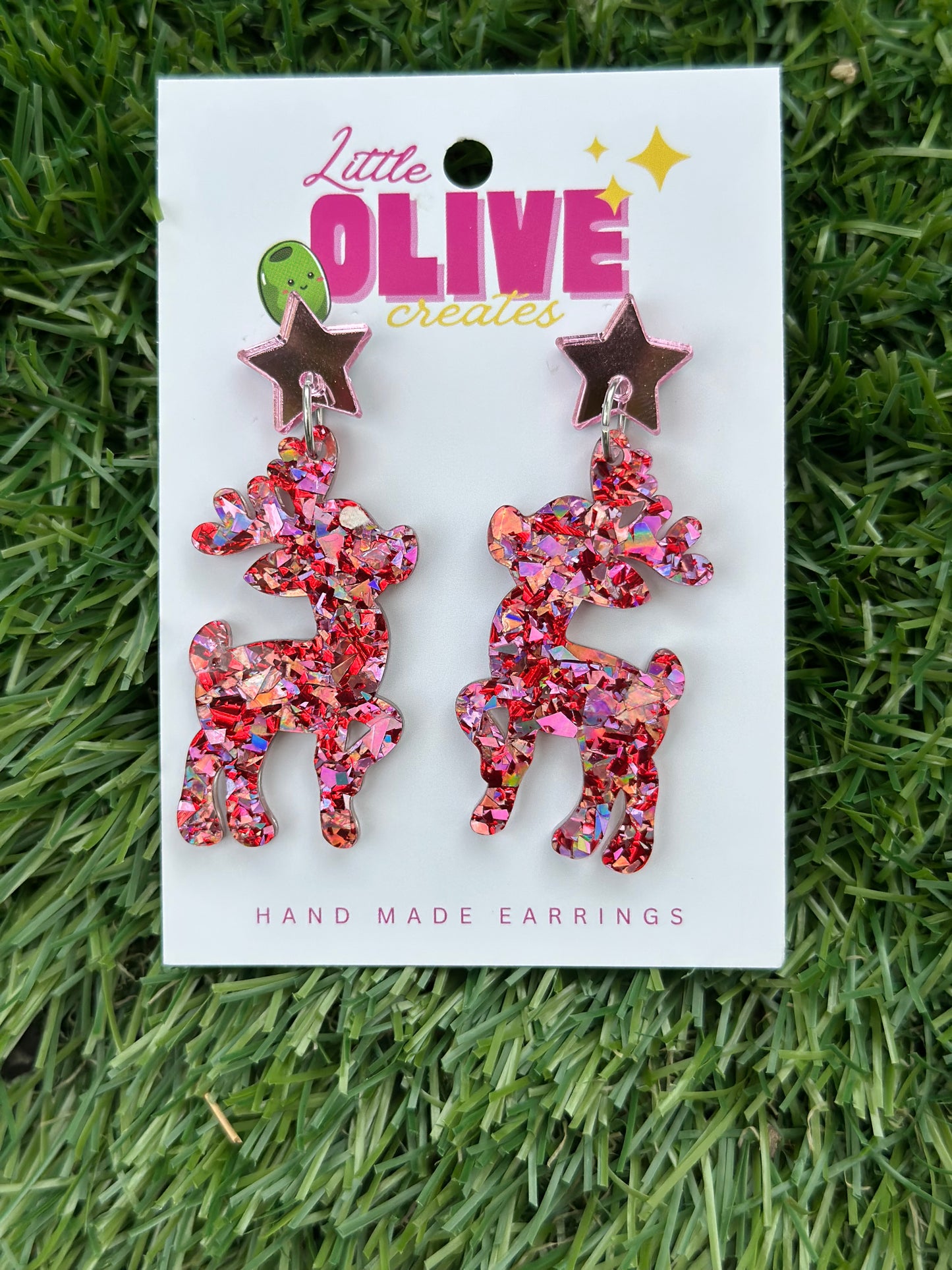 Gorgeous Reindeer Christmas Confetti Glitter Drop Earrings - Festive Holiday Magic