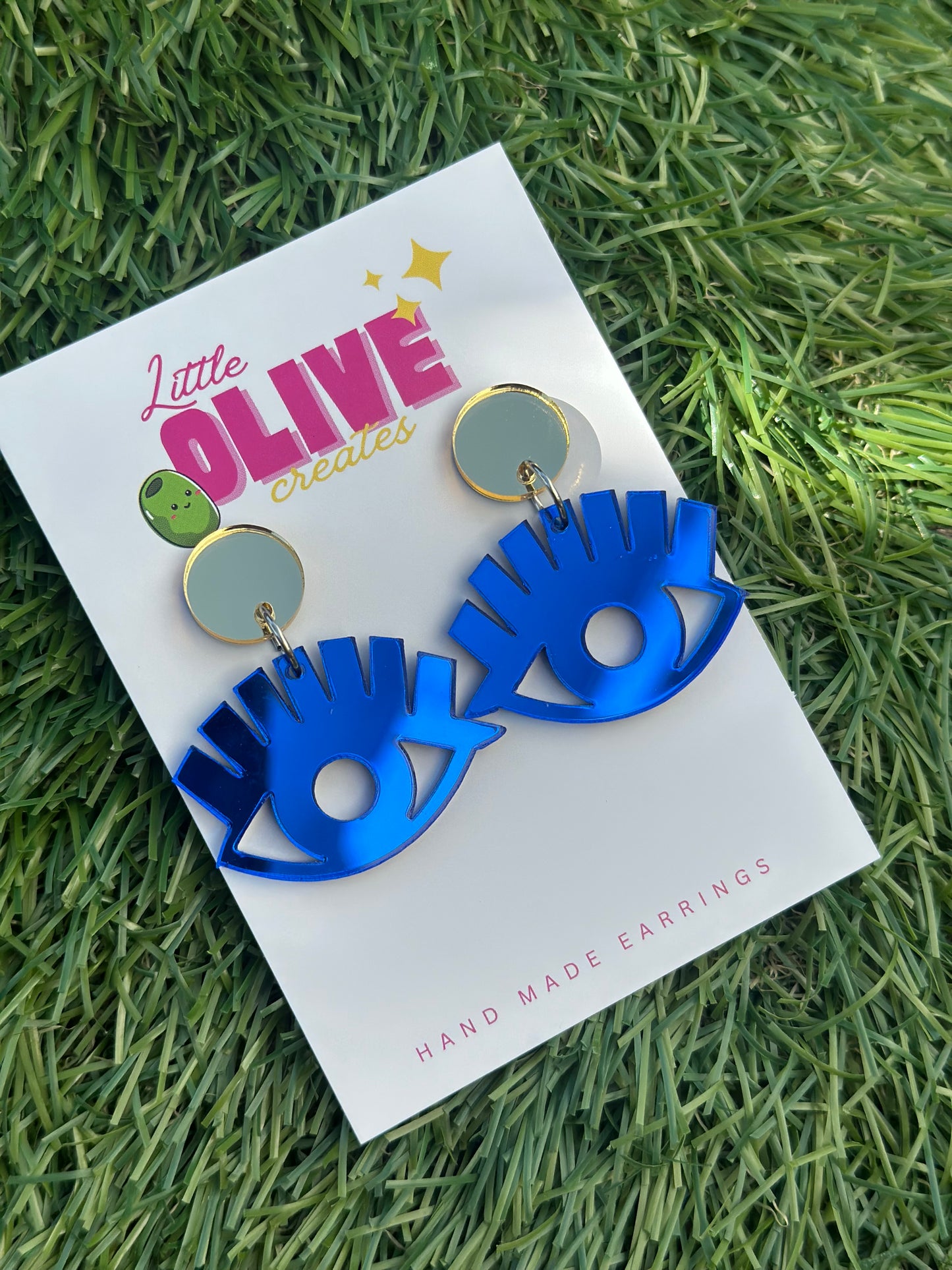 Blue Mirror “Beautiful Eyes” Dangle Earrings – Quirky Handmade Statement Jewelry