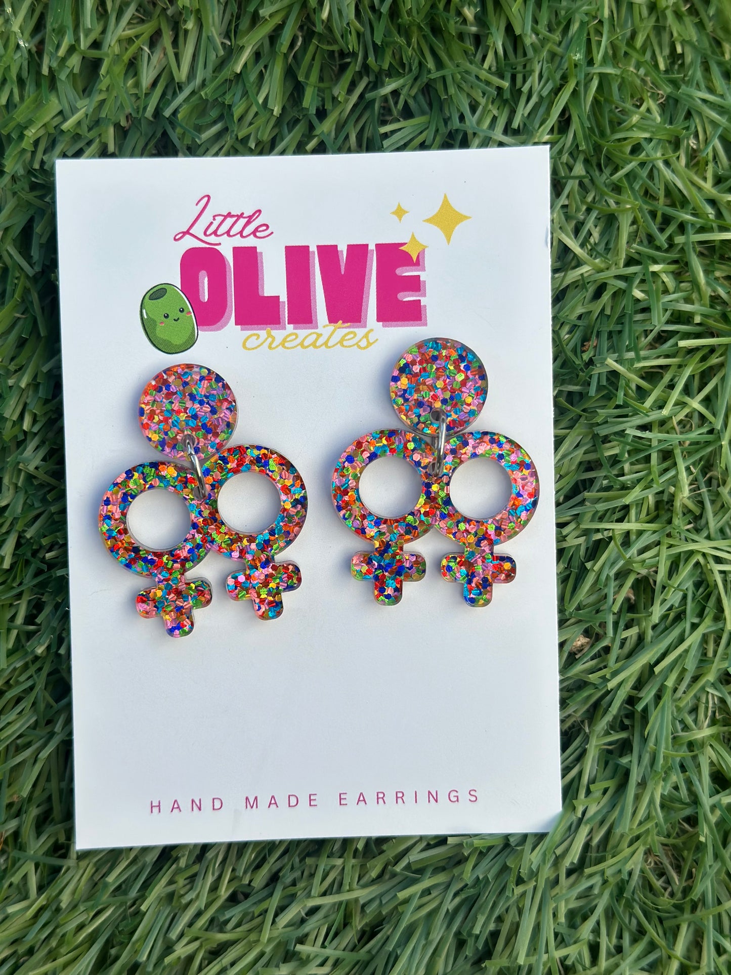 🌈 Confetti Acrylic Femme Love Dangle Earrings | Pride Statement Earrings | Handmade Hypoallergenic Earrings