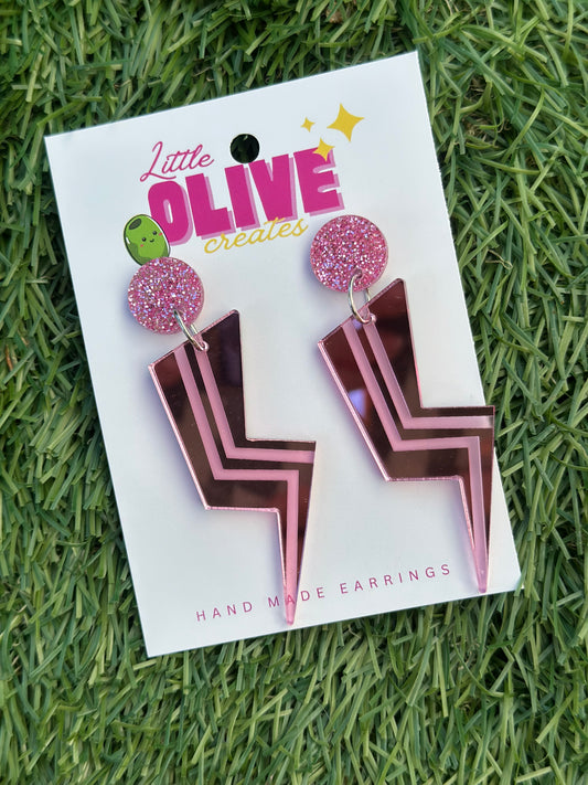 Pink Lightning Bolt Mirror Dangle Earrings ⚡💖