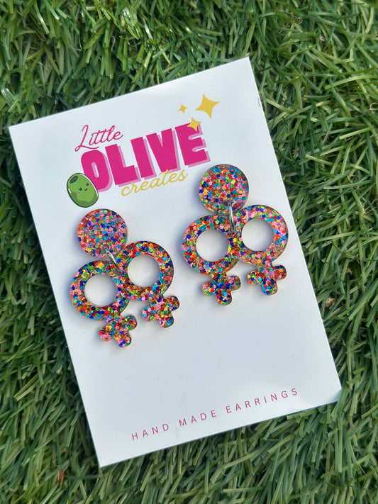 🌈 Confetti Acrylic Femme Love Dangle Earrings | Pride Statement Earrings | Handmade Hypoallergenic Earrings