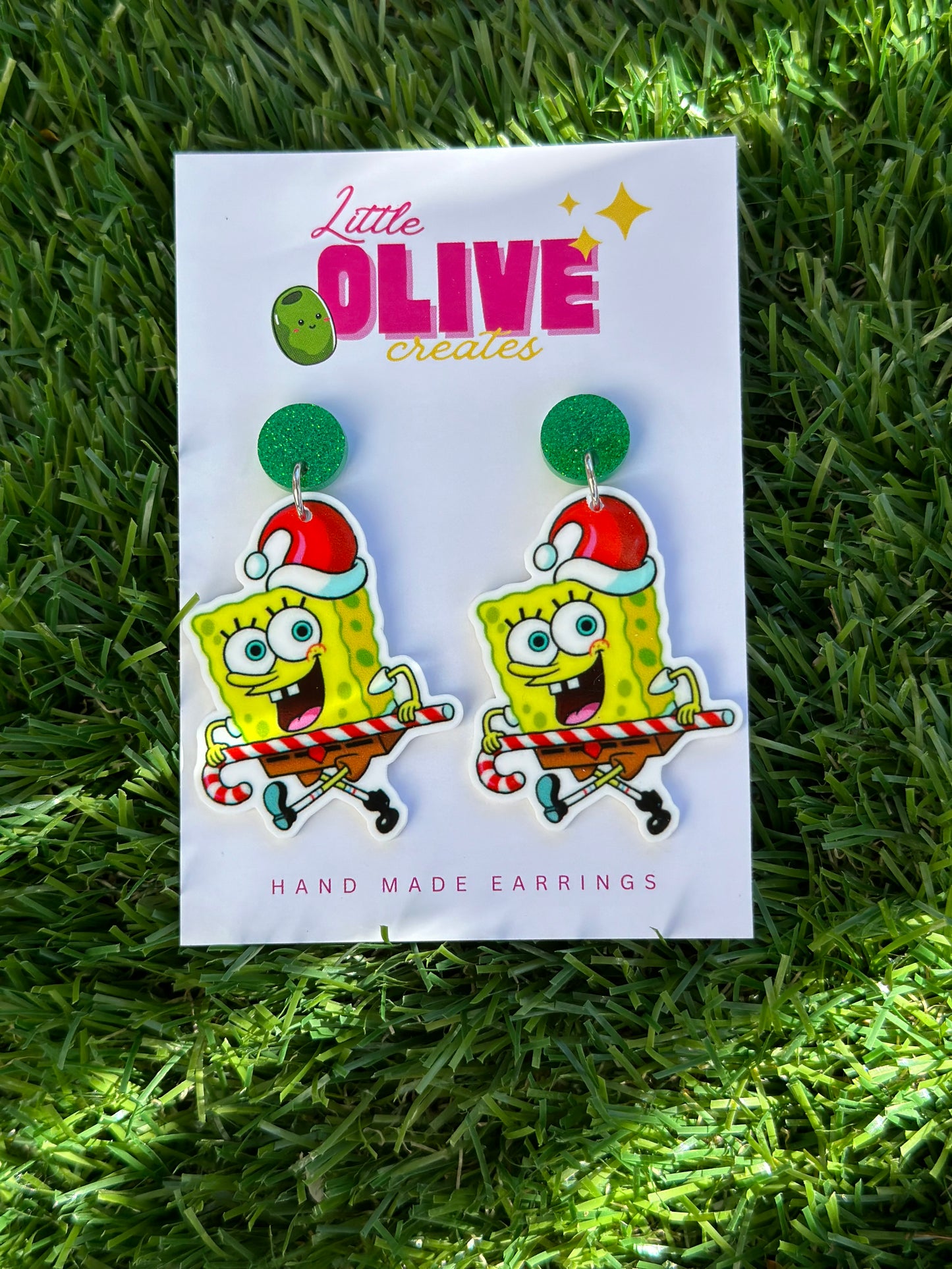 Sponge-Inspired Christmas Dangle Earrings – Festive Holiday Design