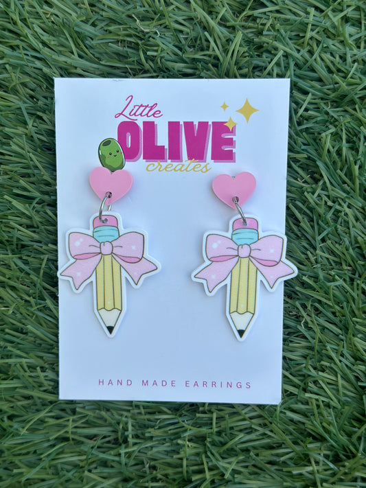 Pencil & Bow Teacher Dangle Earrings ✏️🎀