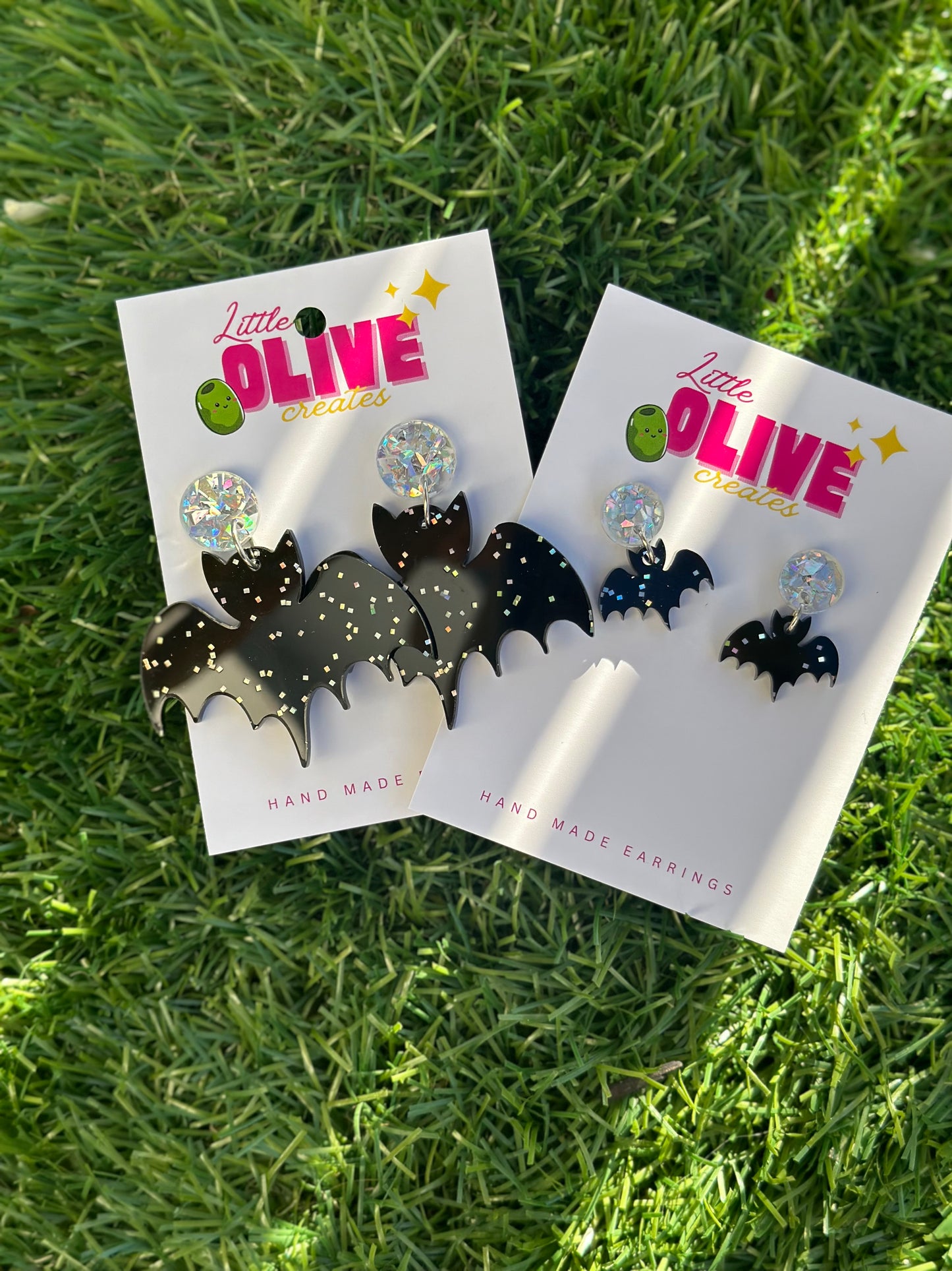 Quirky Glitter Bat Halloween Dangle Earrings - Two Sizes Available!