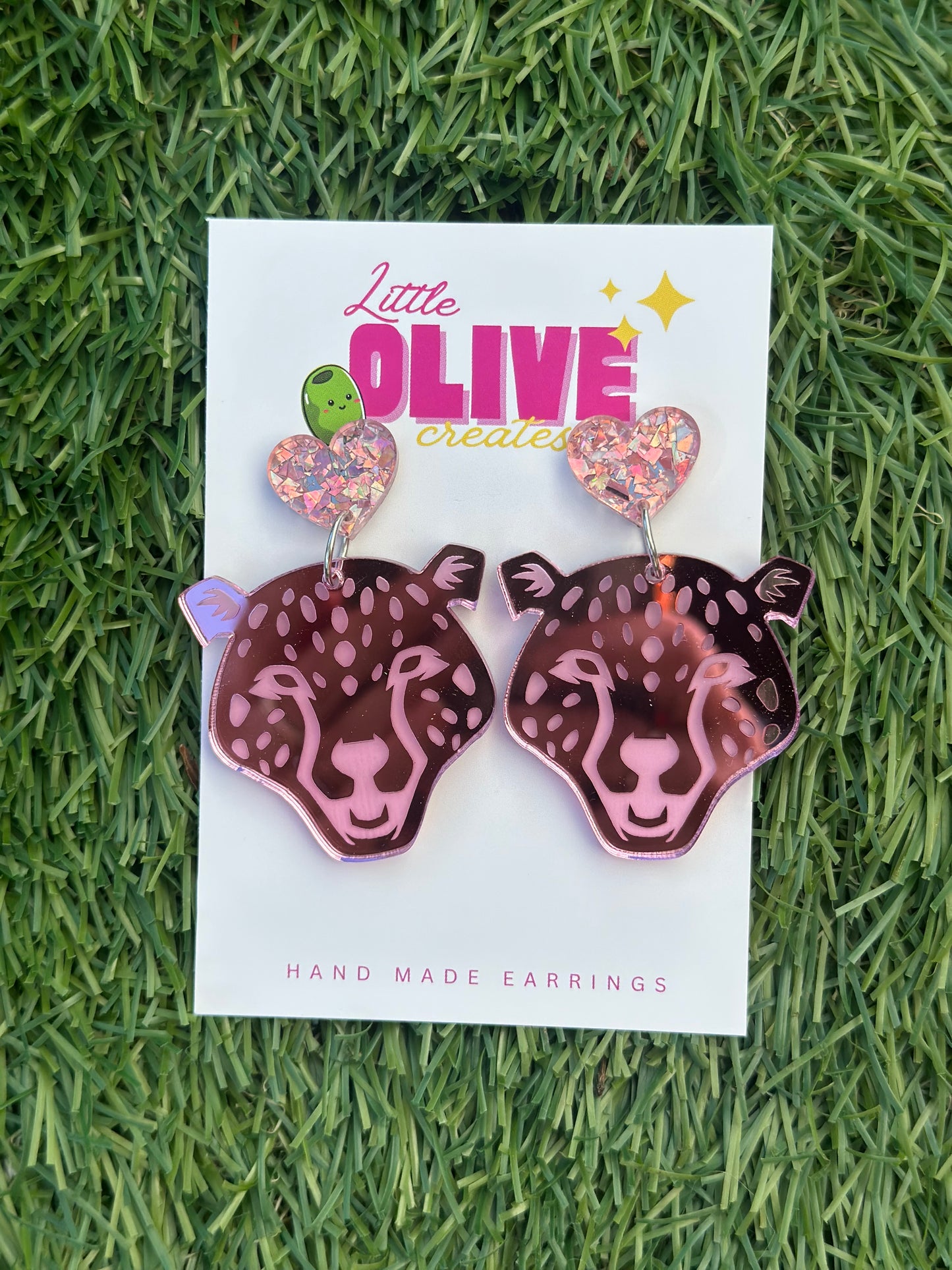 Pink Mirror Cheetah Dangle Earrings | Funky Acrylic Statement Earrings | Lightweight Hypoallergenic Jewelry
